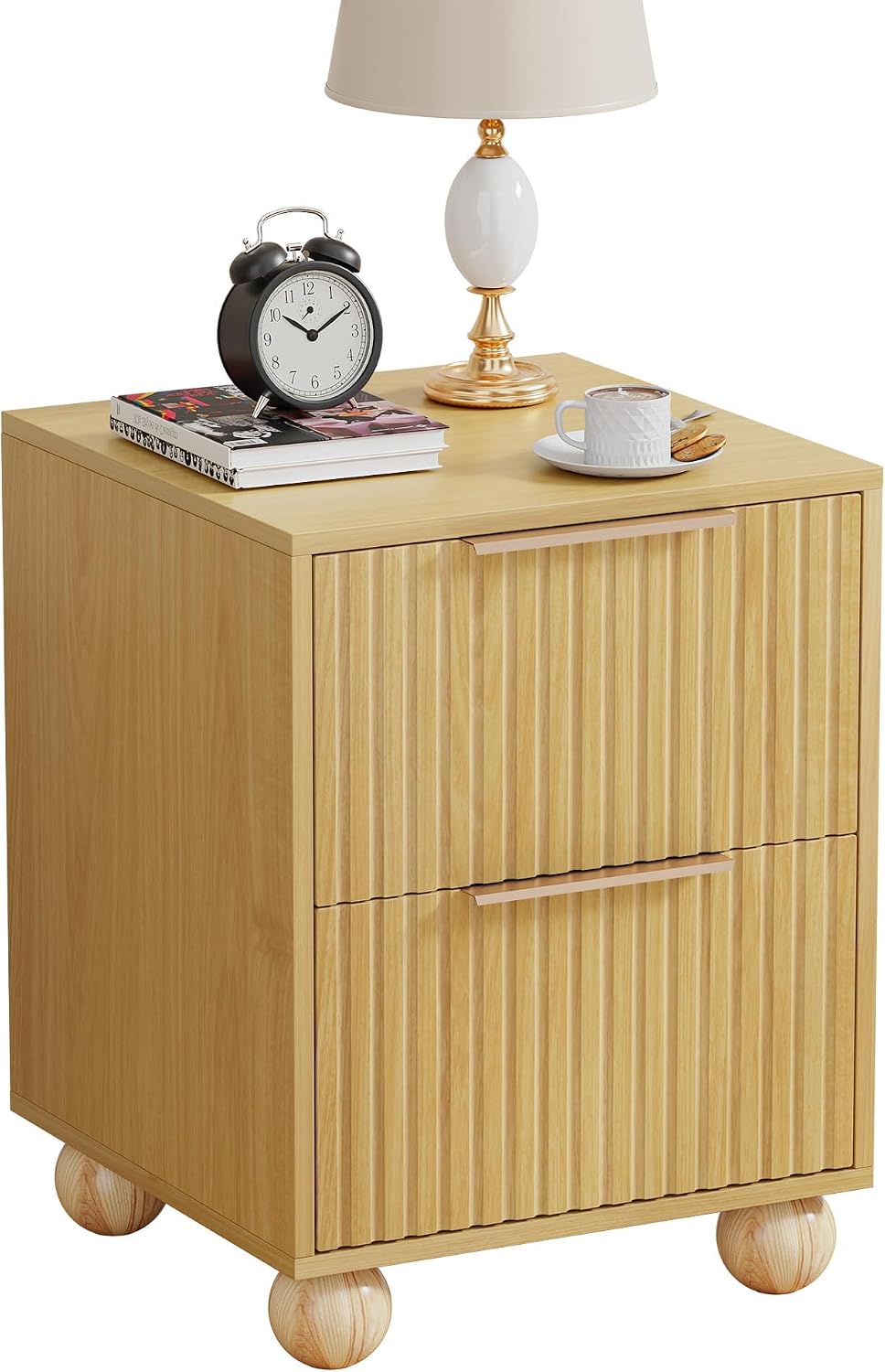 Fluted Nightstand - Modern Boho Oak Wood nightstand with Storage Drawer, Mid Century Bedside Table with Solid Wood Legs for Bedroom and Small Spaces