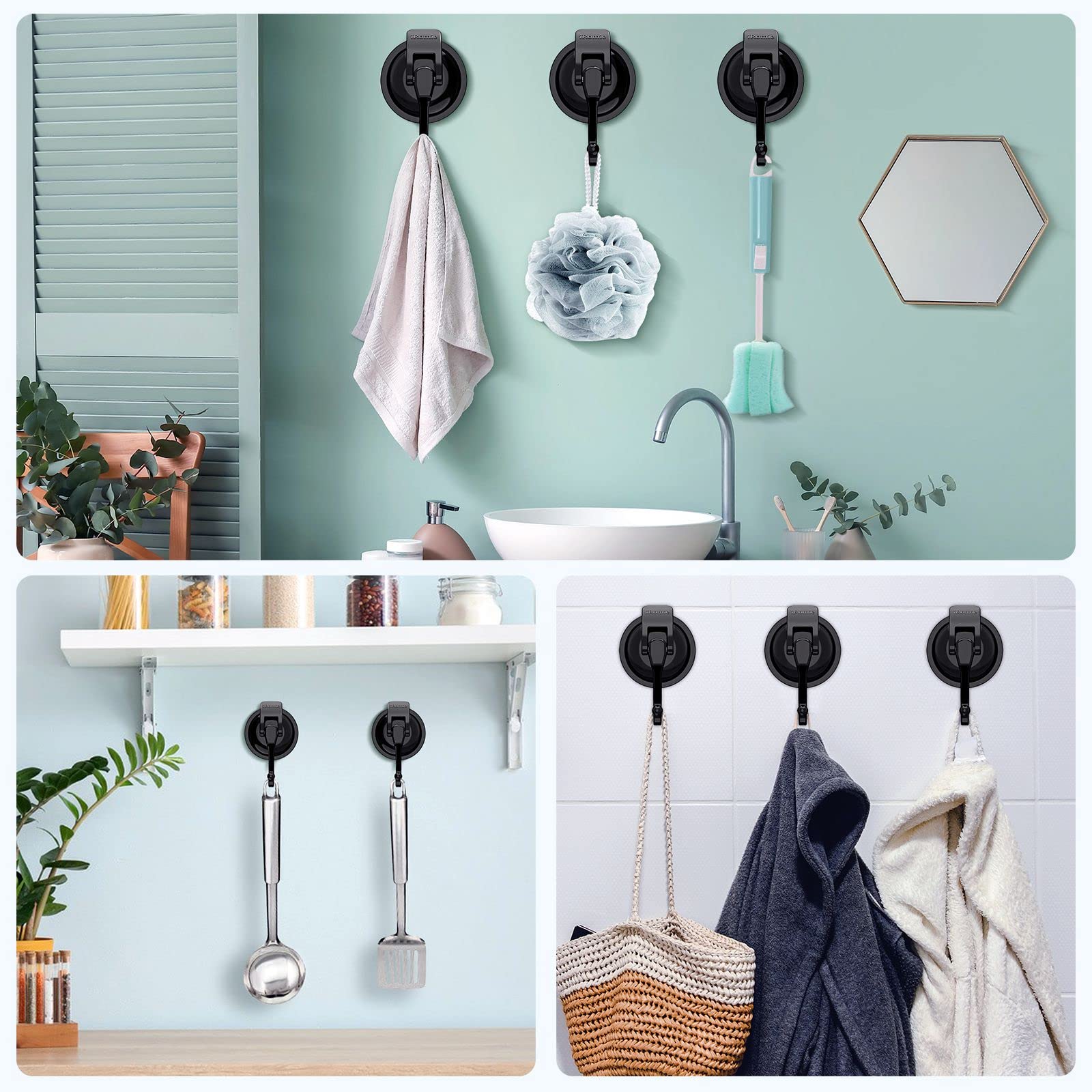 Ganchos resistentes con ventosa al vacío (paquete de 2) para ducha, ventana de cristal, cocina, baño y baño, color negro.