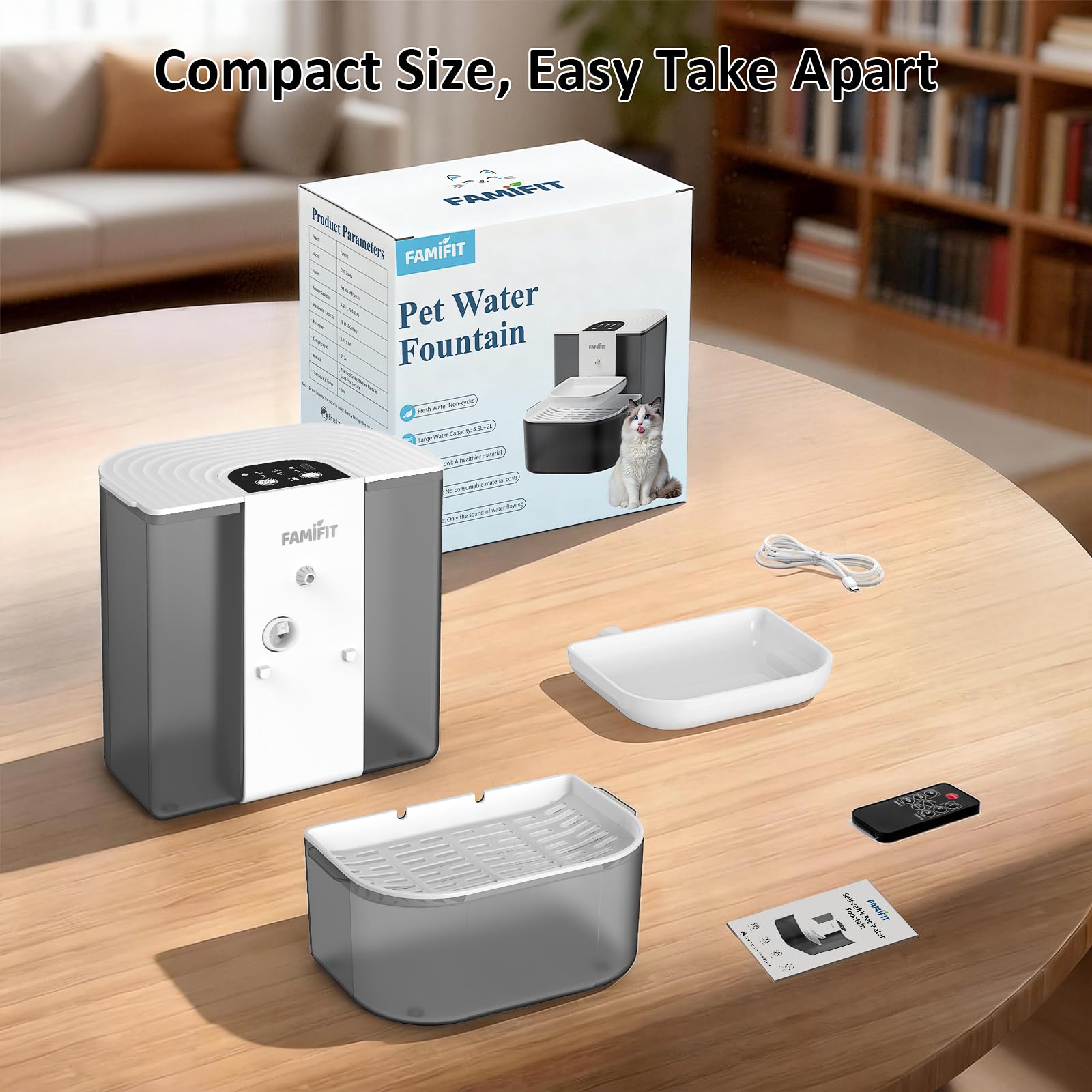 Fuente de agua automática para gatos de 4,5 L + 2 L (sin calefacción), batería de 2000 mAh, temporizador de 3/6/9H y control de 80/100/120 ml, sistema de agua limpia, sin filtro, cuenco de