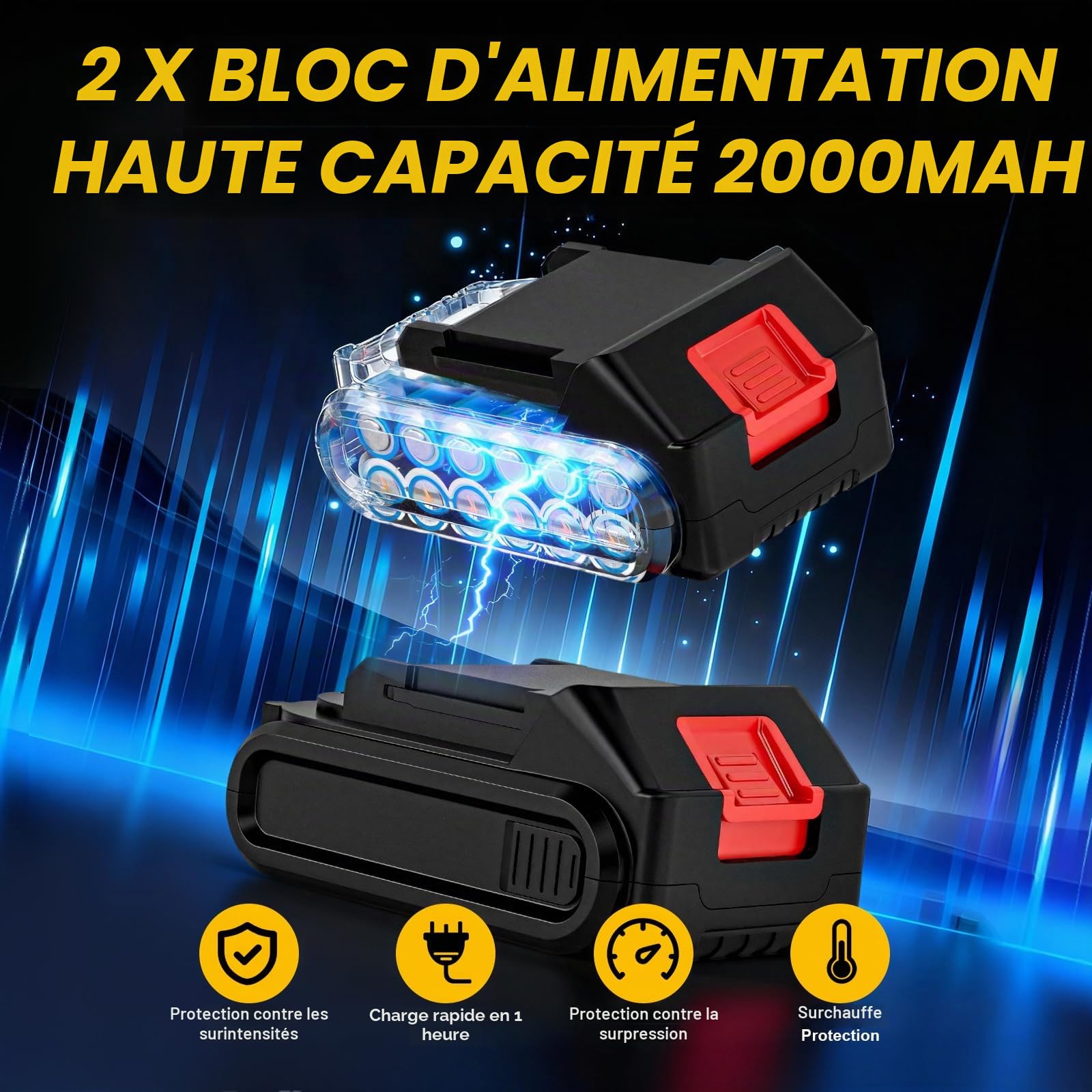 Perceuse Visseuse Sans Fil Brushless 21V, Perceuse Percussion 60 Nm, 2 Batteries 2.0Ah, Mandrin Métal 10 mm, 2 Vitesses 25+3 Couples, Visseuse Dévisseuse avec 87 Accessoires Bricolage (Jaune)