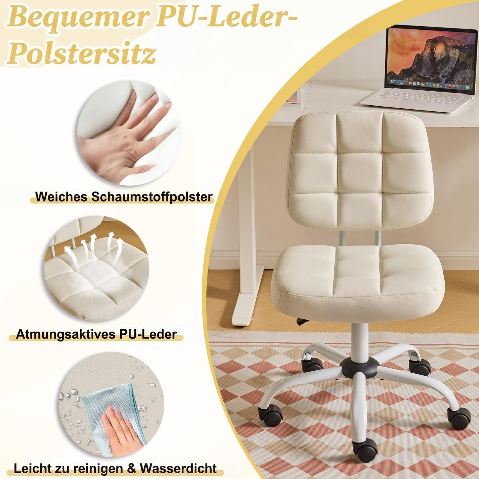 Bonnlo Bürostuhl ohne Armlehne, Kleiner komfortabler schreibtischstuhl mit Rollen, Drehstuhl Höhenverstellbar für Büro, Schlafzimmer, Arbeitszimmer, Schminkstuhl aus Leder, Weiß