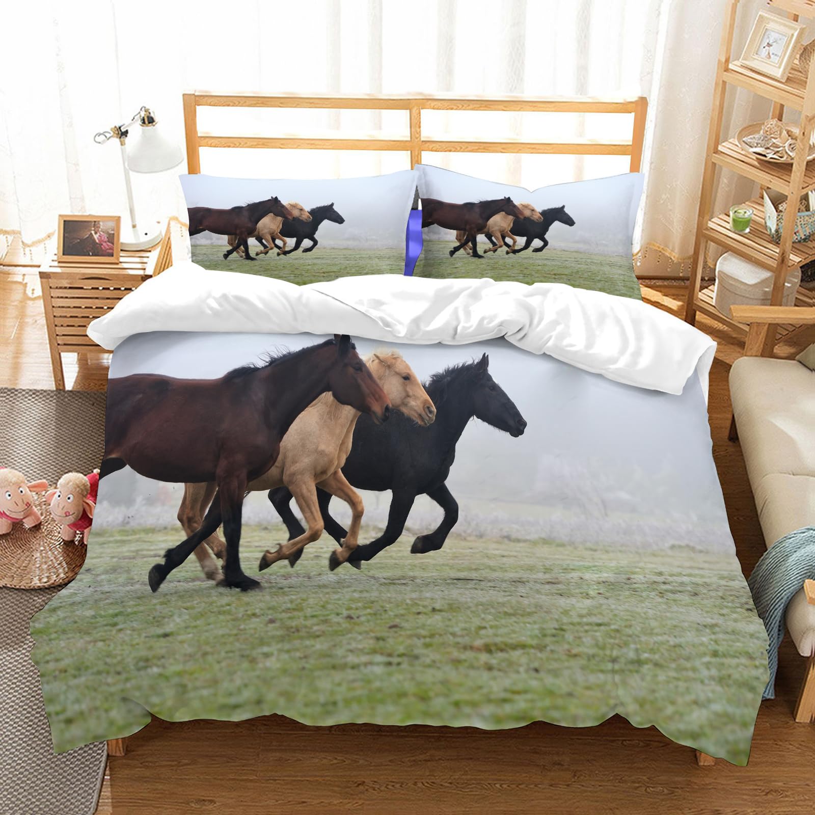 Parure de lit chevaux brume d'automne en microfibre douce pour ambiance de chambre nature