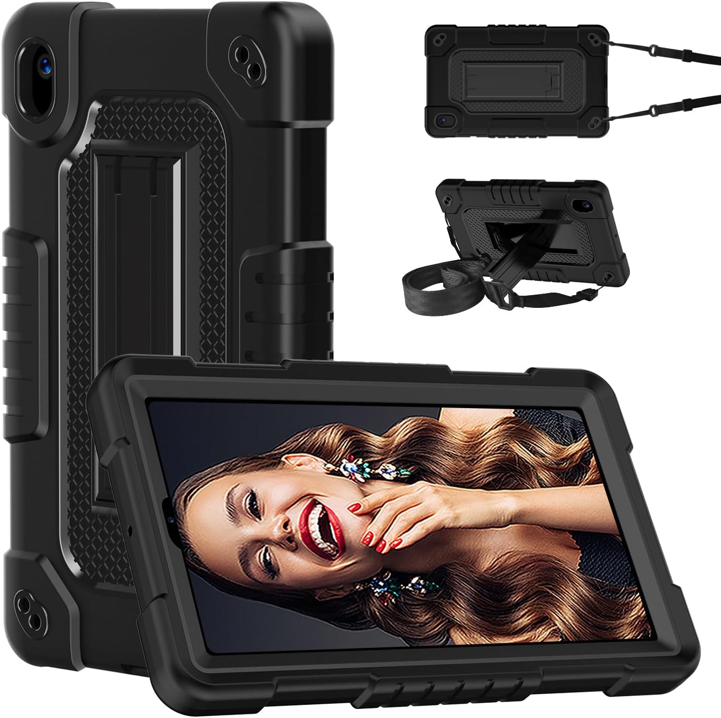 for Walmart Onn 7 2024 Tablet Case Shockproof Hybrid for Kid Kids Friendly Shell Case Built in Shoulder Strap Stand for Walmart Onn 7 2024 Model 100135924 - Black