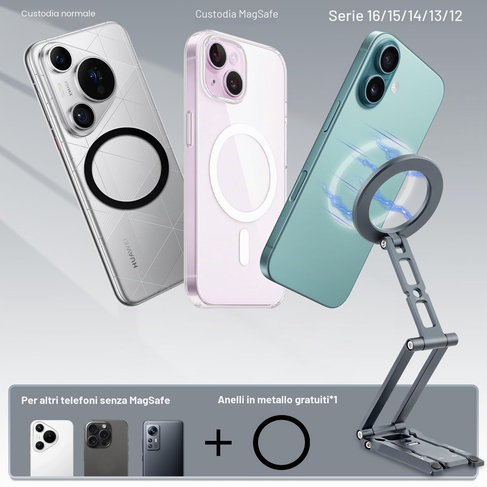 Leftfoto Supporto magnetico in metallo forte per telefono cellulare regolabile a 3 assi pieghevole mini treppiede da scrivania compatibile con iPhone 16/15 Pro Max/14 Pro/13/12/custodie MagSafe o