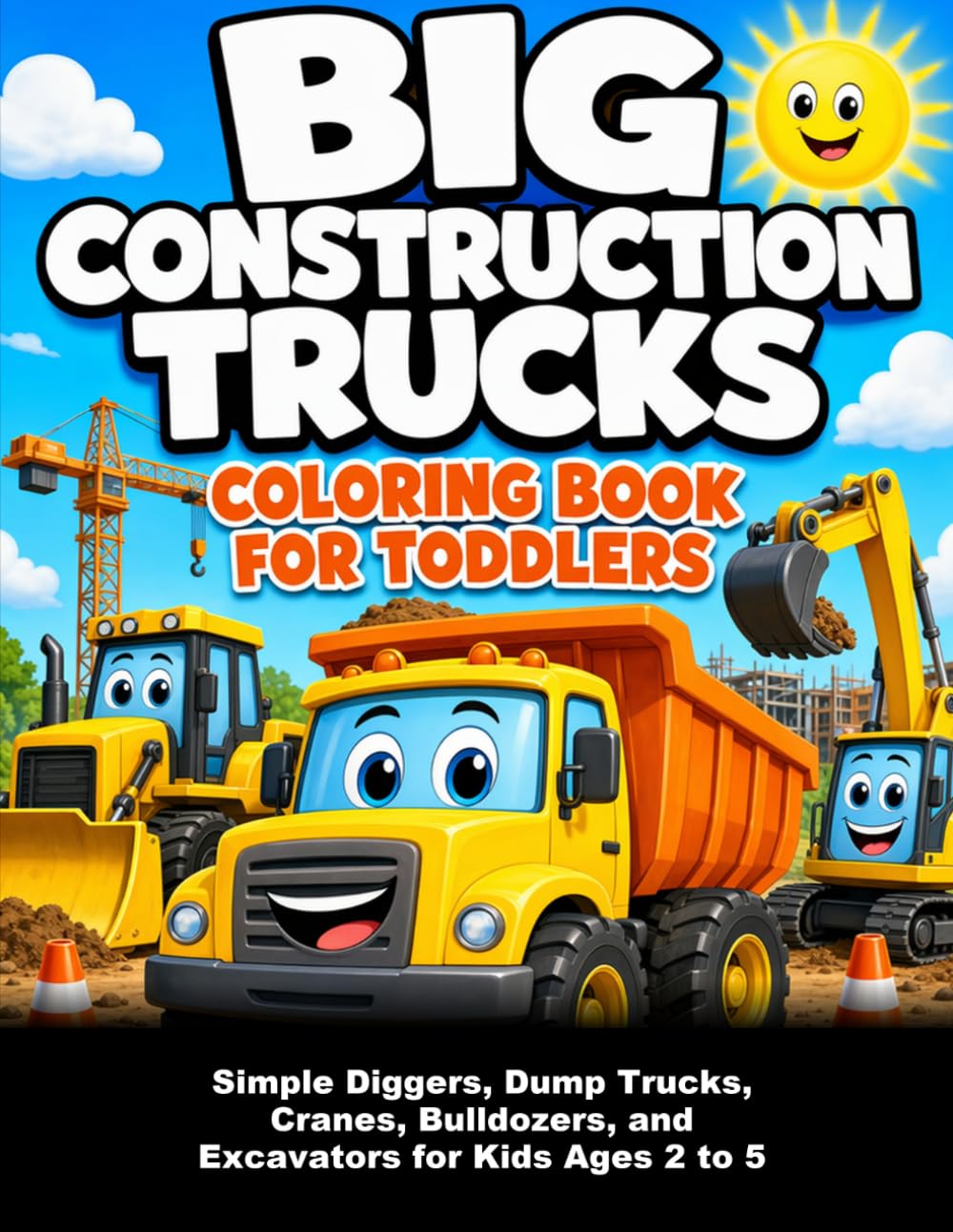 Big Construction Trucks Coloring Book for Toddlers: Simple Diggers, Dump Trucks, Cranes, Bulldozers, and Excavators for Kids Ages 2 to 5