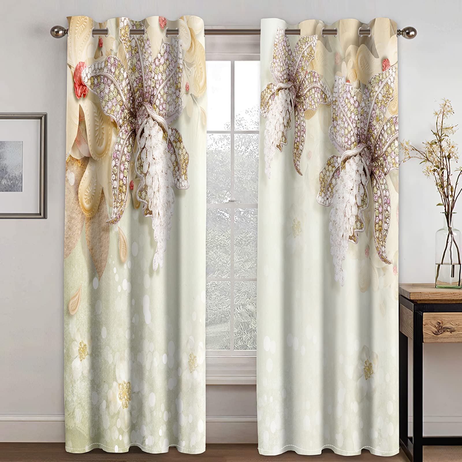 Aeici Cortinas Habitacion Juvenil, Tela Cortina Lirio con Circón Beis Amarillo para Dormitorio Sala de Estar, 264x160CM