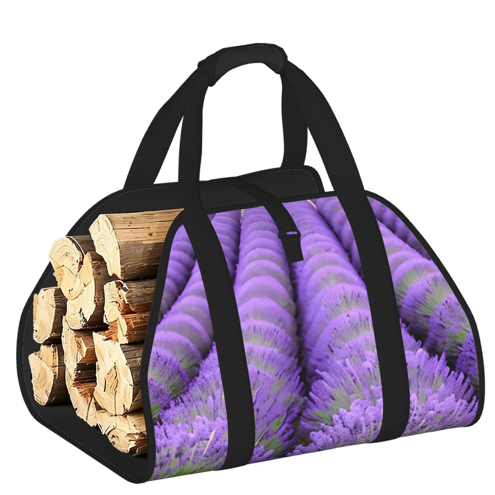 Ayyqwe Black Romantic Lavender Print Firewood Bag Wood Waterproof Versatile Camping Picnic Storage Daily Home