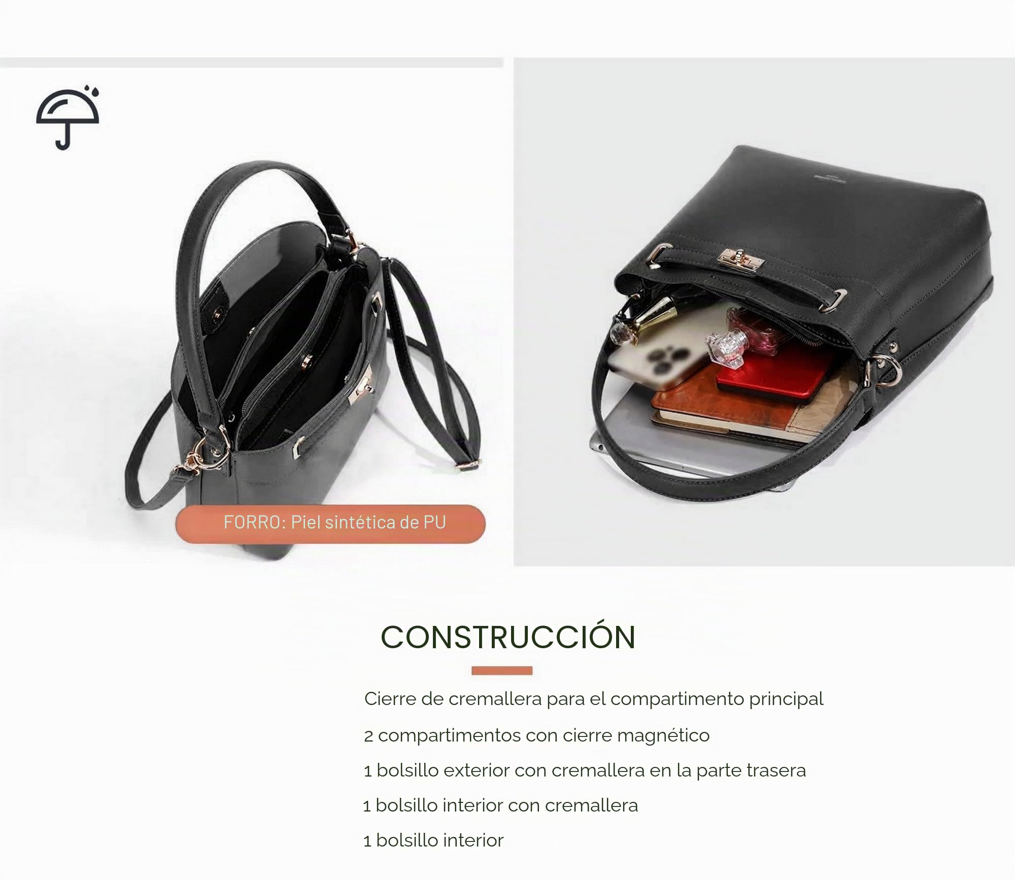 David Jones – Bolso de mano con cubo de hombro – Bandolera de tamaño mediano – 3 compartimentos con varios bolsillos – Elegante clásico Chic Ville Fashion Designer Bucket Bag