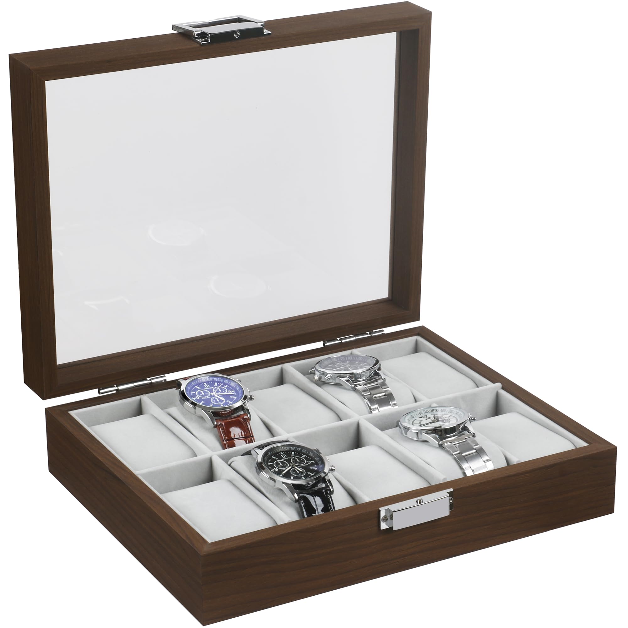 Trixes Brown Wooden Watch Case 10 Slot - Wooden Watch Organizer With Glass Display Window - Lockable Box With Removable Pillow Pads