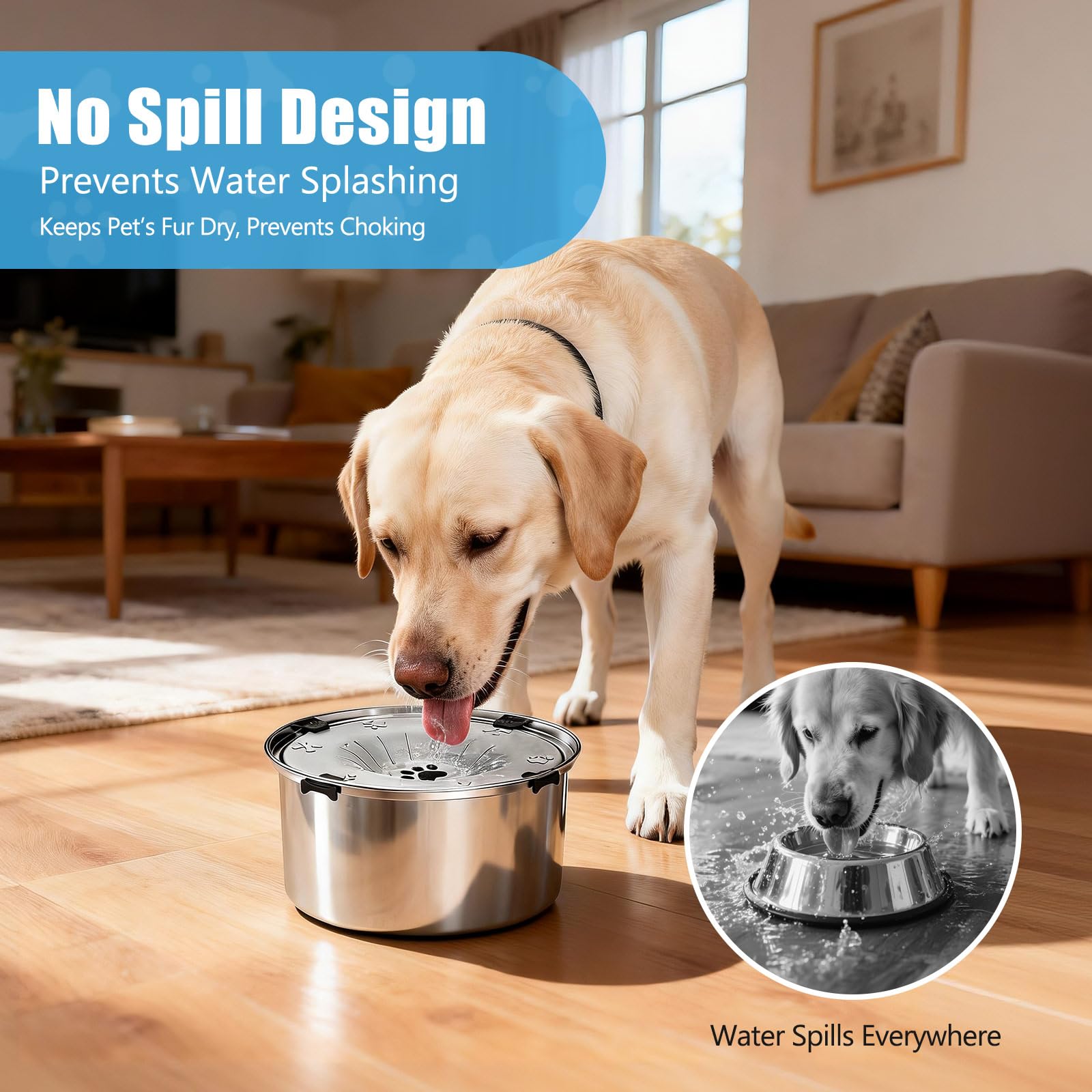 SCHITEC No Spill Dog Water Bowl for Large Dogs, 5.6L / 1.5 Gallon Stainless Steel Splash-Proof Slow Drinking Pet Dish with Floating Disk & Non-Slip Base, Mess-Free Design for Home or Travel-Light Gray - image 2