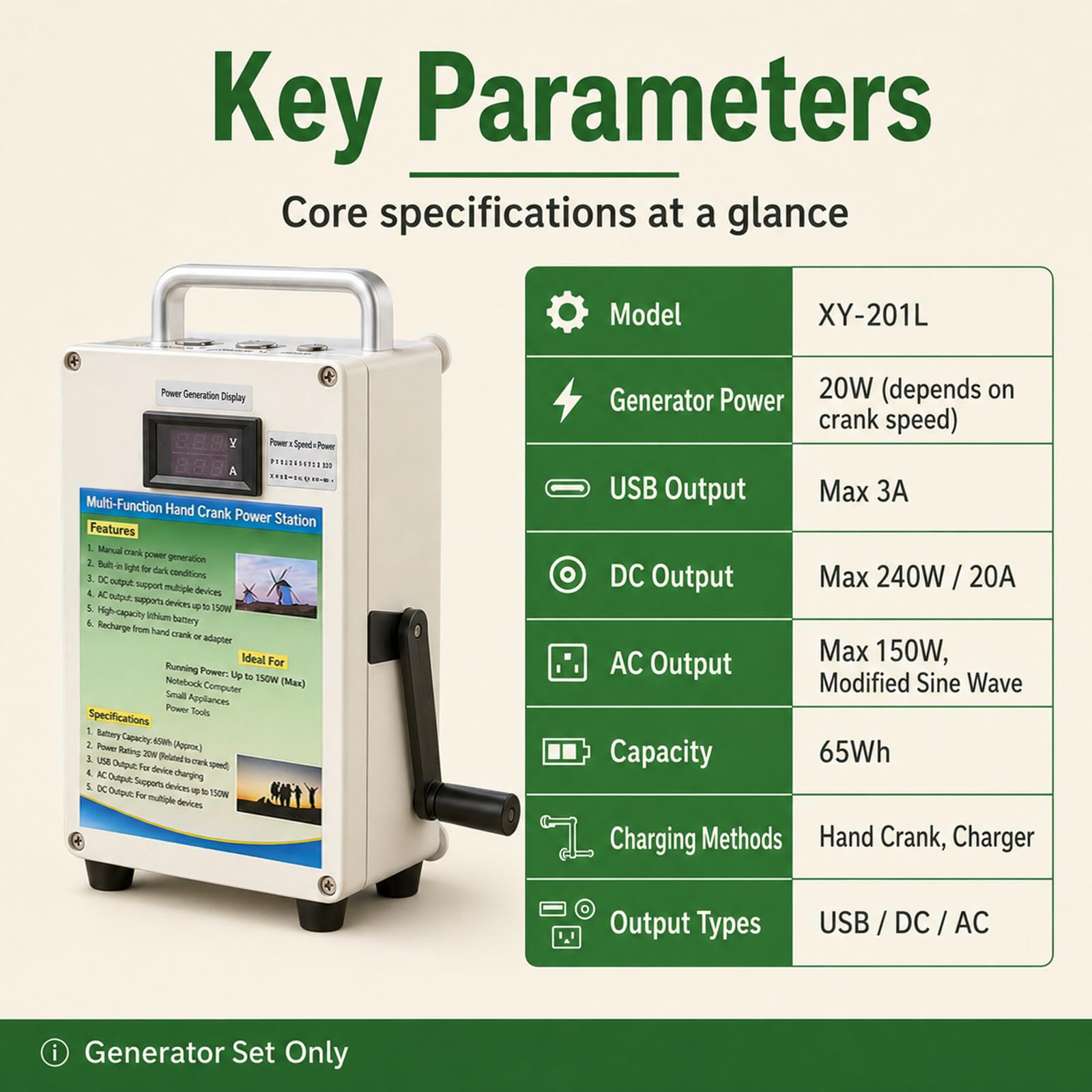Generador De Manivela 150W/500W, Fuente De Energía De Emergencia Portátil 150W | Soporte USB, compatible con kits de supervivencia, generación manual de energía