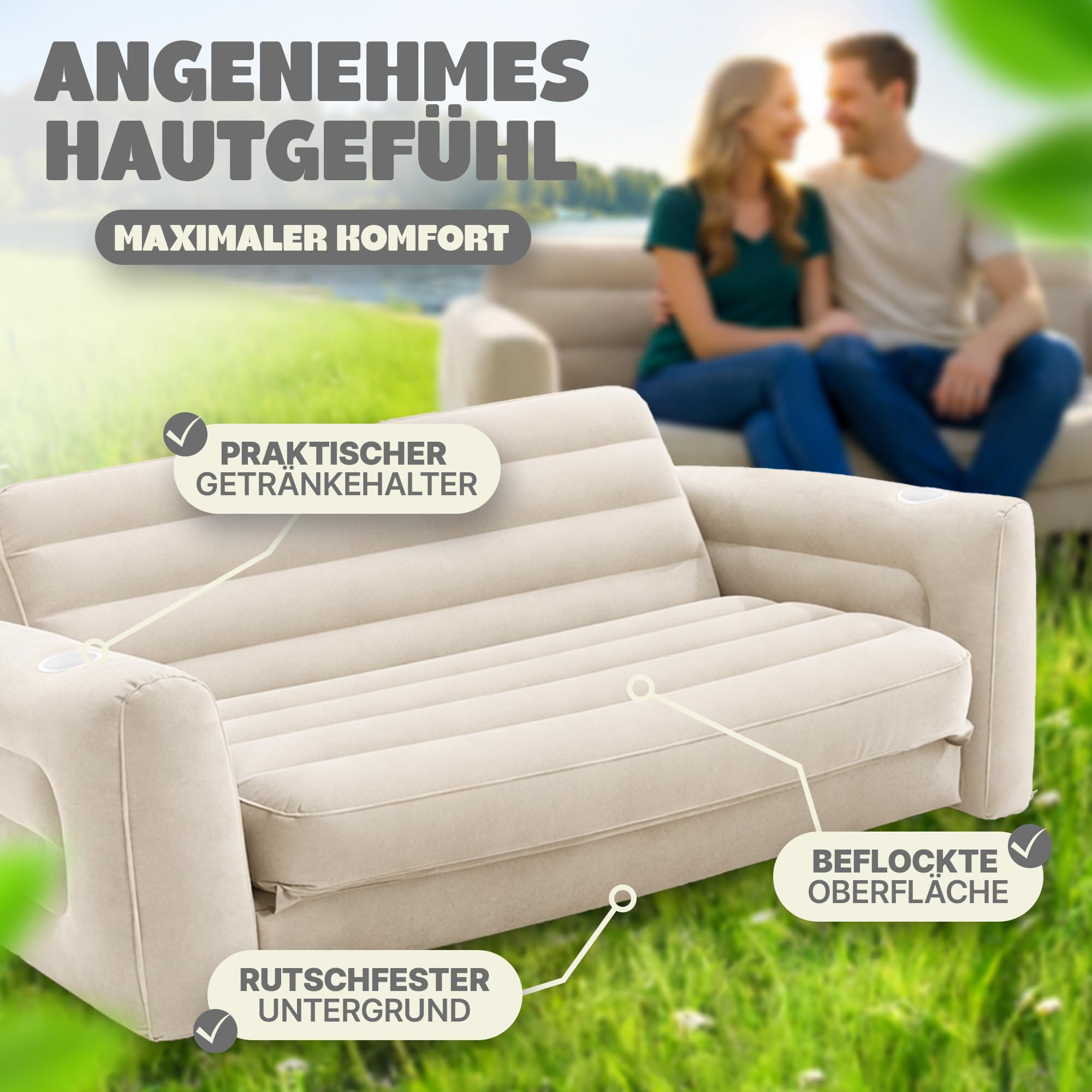 Aufblasbares Sofa Camping mit Pumpe – 2 in 1 Sofa Luftmatratze Camping 2 Personen – Bequeme Camping Couch – Weiche, geflockte Oberfläche – Gästebett aufblasbar (Creme)
