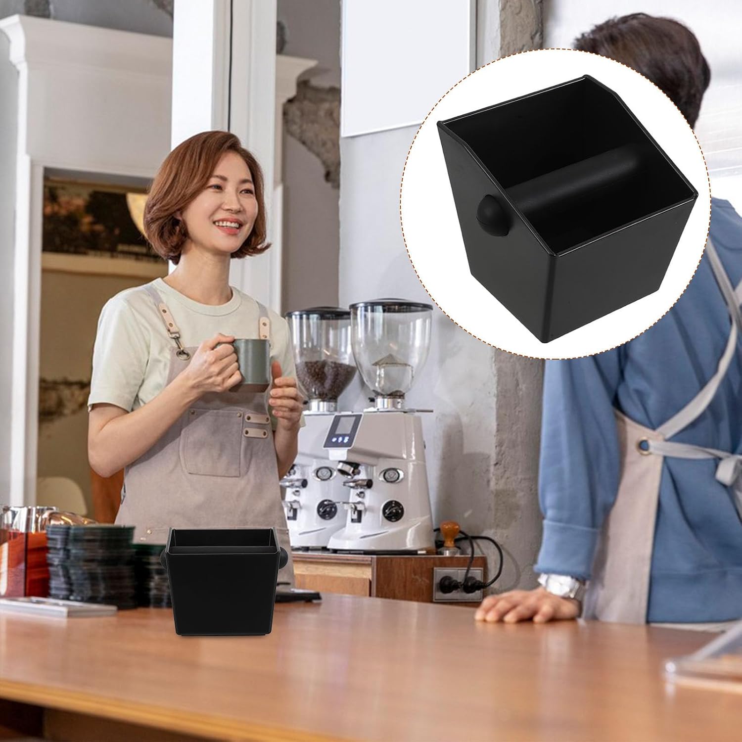Square Coffee Knock Box for Espresso Grounds with Removable Knocking Bar, Large Capacity Black Abs and Silicone Container for Home Kitchens and Cafes