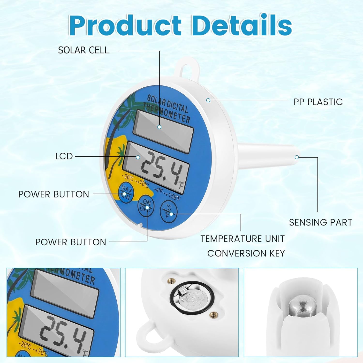 Schwimmendes Pool Thermometer, Solarbetriebenes Wasserthermometer mit Großem, Gut Lesbarem LCD-Display – Wasserdichtes Digitales Poolthermometer mit Schnur für Pool, Whirlpool und Spa