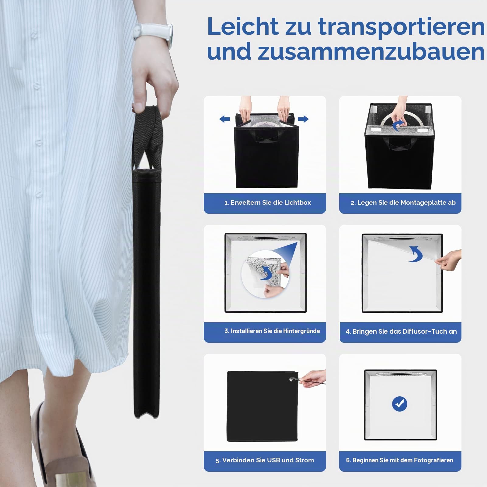 EMART Fotostudio Lichtbox, 30x30x30 cm Fotobox zum Fotografieren, Foto Studio Set 120 LED-Licht und 6 Wasserdichten Hintergründen für Produktfotografie, Schmuck und kleine Gegenstände