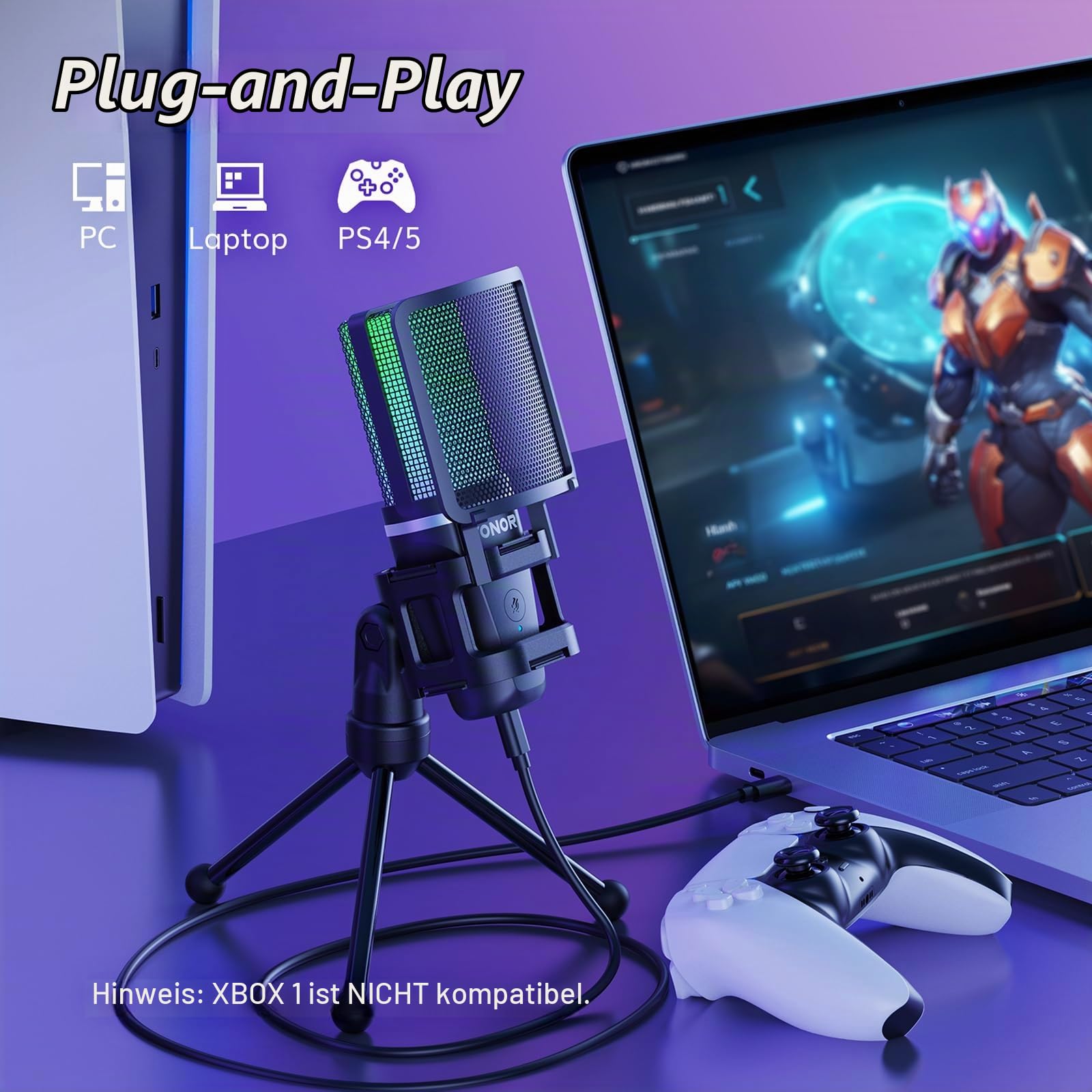 TONOR RGB Mikrofon PC USB Computer Gaming Standmikrofon, Nierencharakteristik Microphone mit Stativ Popschutz Tischmikro Mic Microfono mit Ständer für Game YouTube Konferenz Singen PS4 PS5, TC777 Pro
