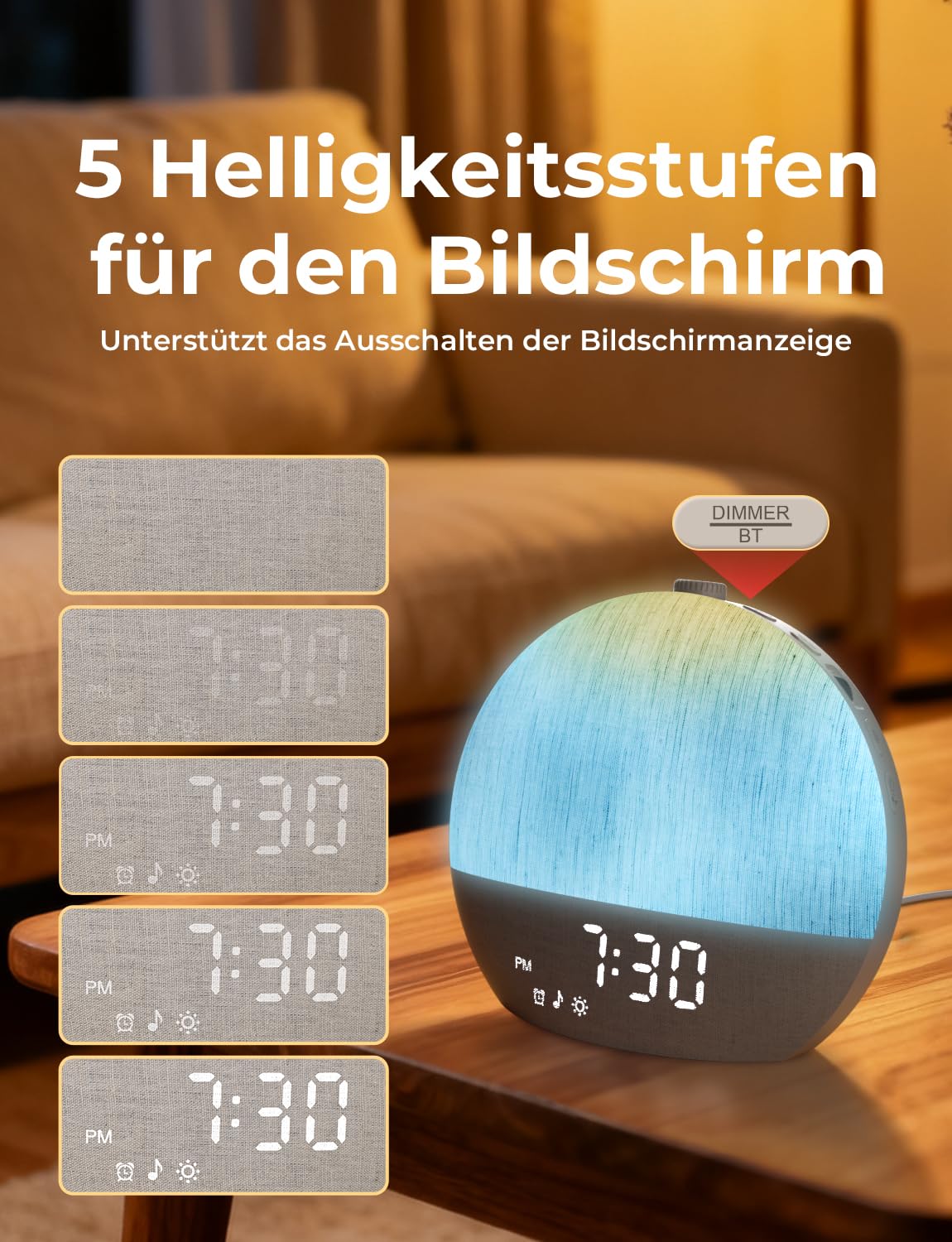 LIORQUE Tageslichtwecker, Sonnenaufgang Simulation, Bluetooth, Stoffdesign
