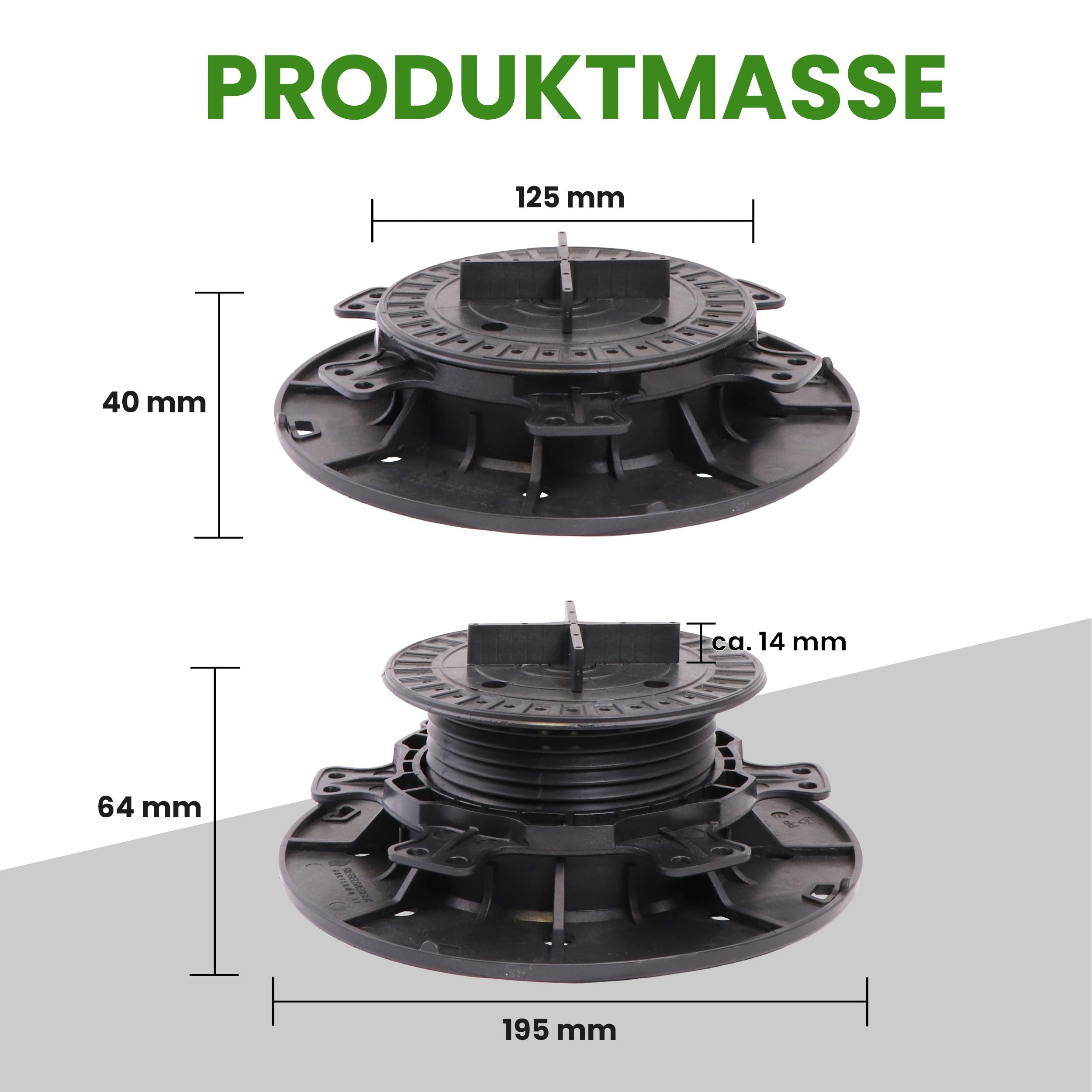 Gartenwelt Riegelsberger justierbarer Plattenlager PRO inkl. Trittschutz-Pad 2 mm Stelzlager für Terrassen-Platten Keramik Stein Beton Fliesen höhenverstellbar 40-64 mm | 66 Stück (1 Karton)