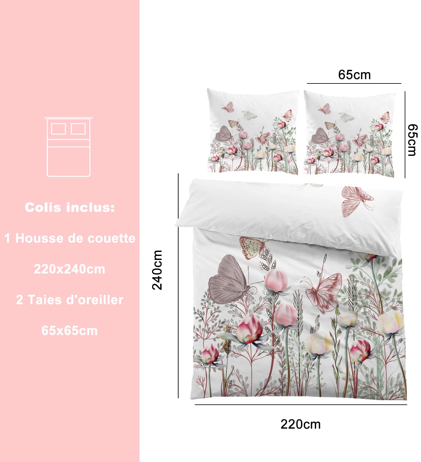 Housse de Couette 220x240 cm Blanche Fleur Parure de Lit Adulte avec Fermeture Éclair, Papillon Linge de Lit Parure Housse Couette 2 Personnes en Microfibre + 2 Taie d'oreiller 65x65 cm