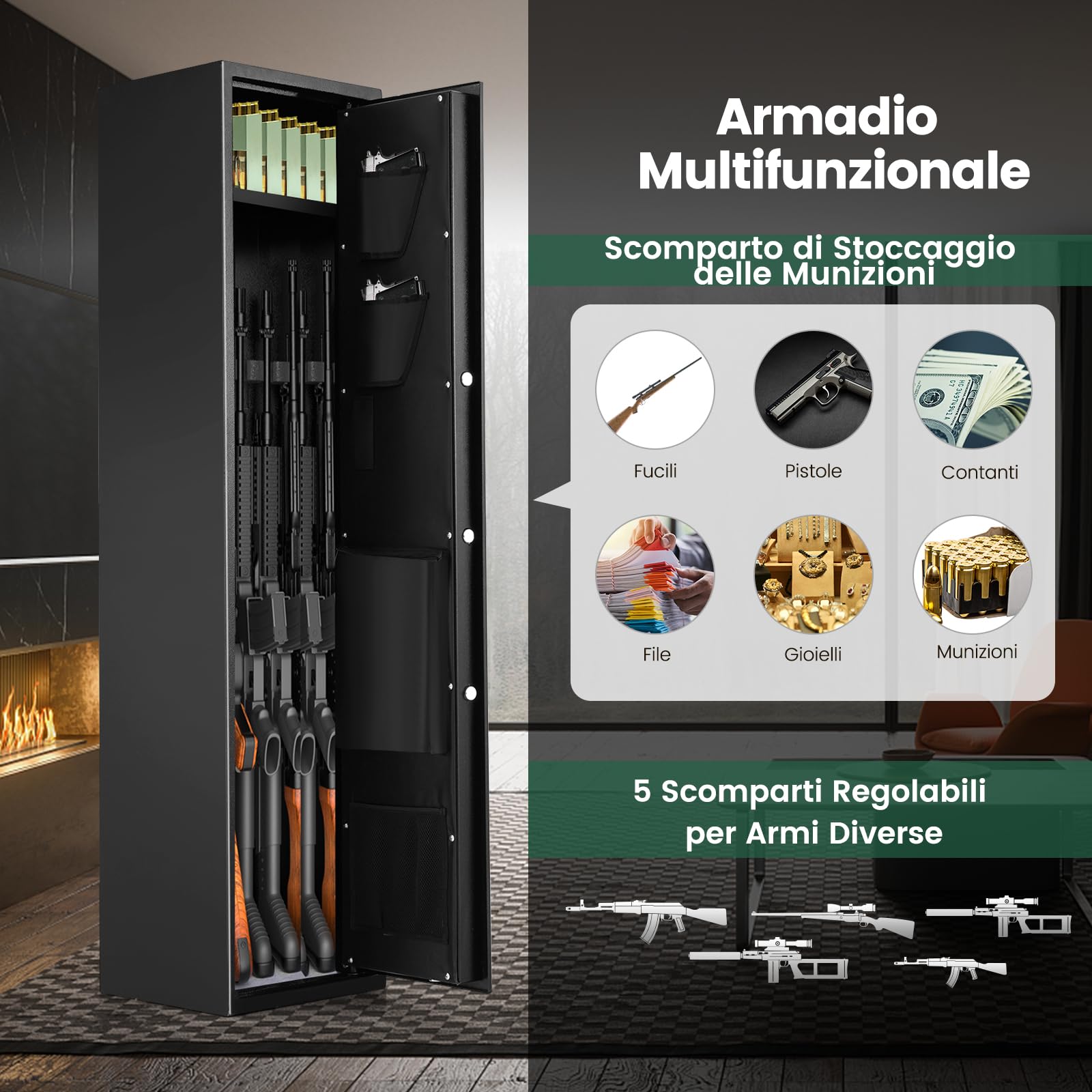 COSTWAY Cassaforte per 5 Fucili e Pistole Domestiche, Armadio per Armi Lunghe Pesante con Serratura Biometrica Impronta Digitale, Tastierino Digitale e Chiavi Emergenza, Tasca di Stoccaggio Integrata