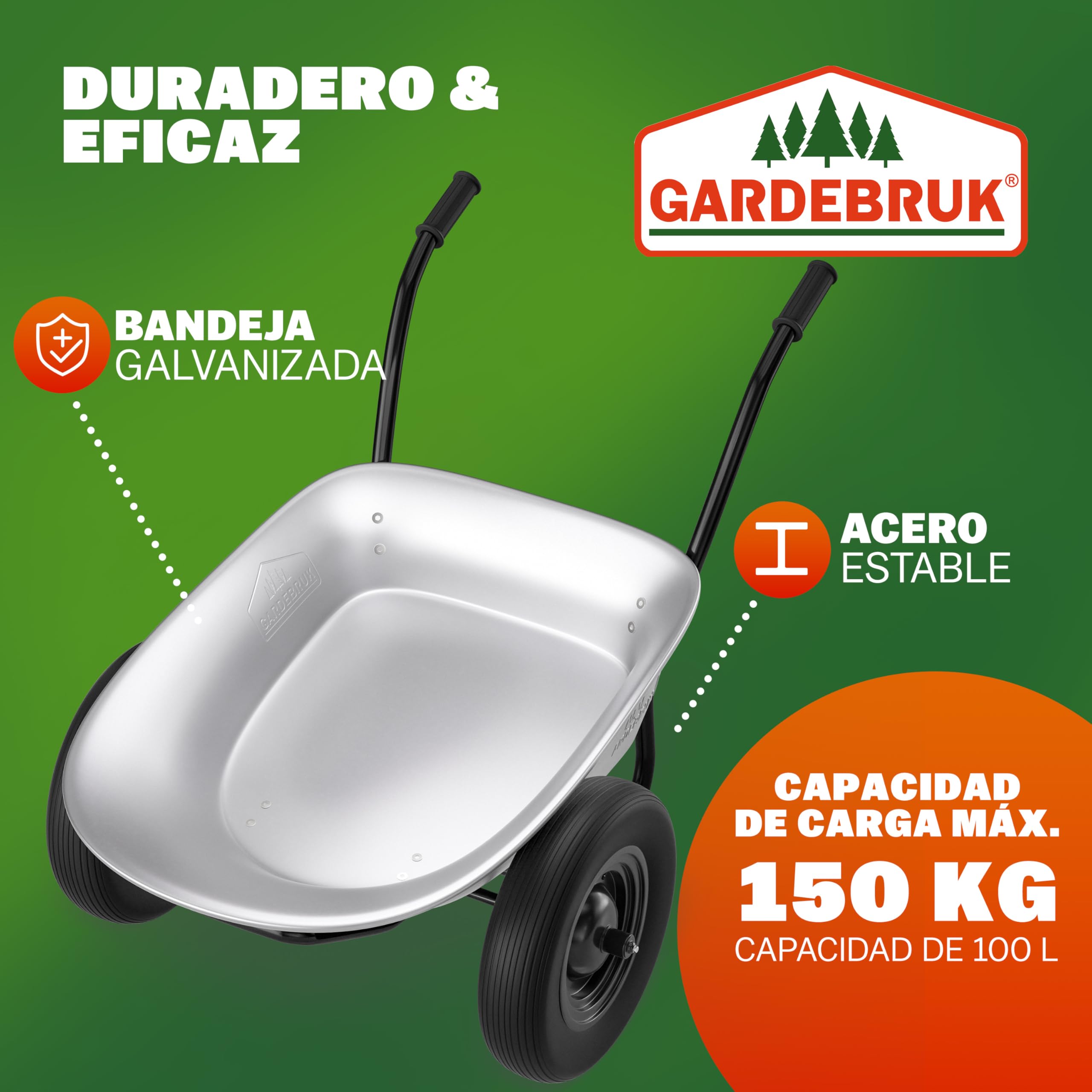 GARDEBRUK® Carretilla de Obra 100L Carro de Jardín Capacidad Carga Máx. 150 Kg 2 Ruedas Neumáticas Acero Galvanizado Mangos Ergonómicos Resistente Ligera Herramienta Jardinería Construcción