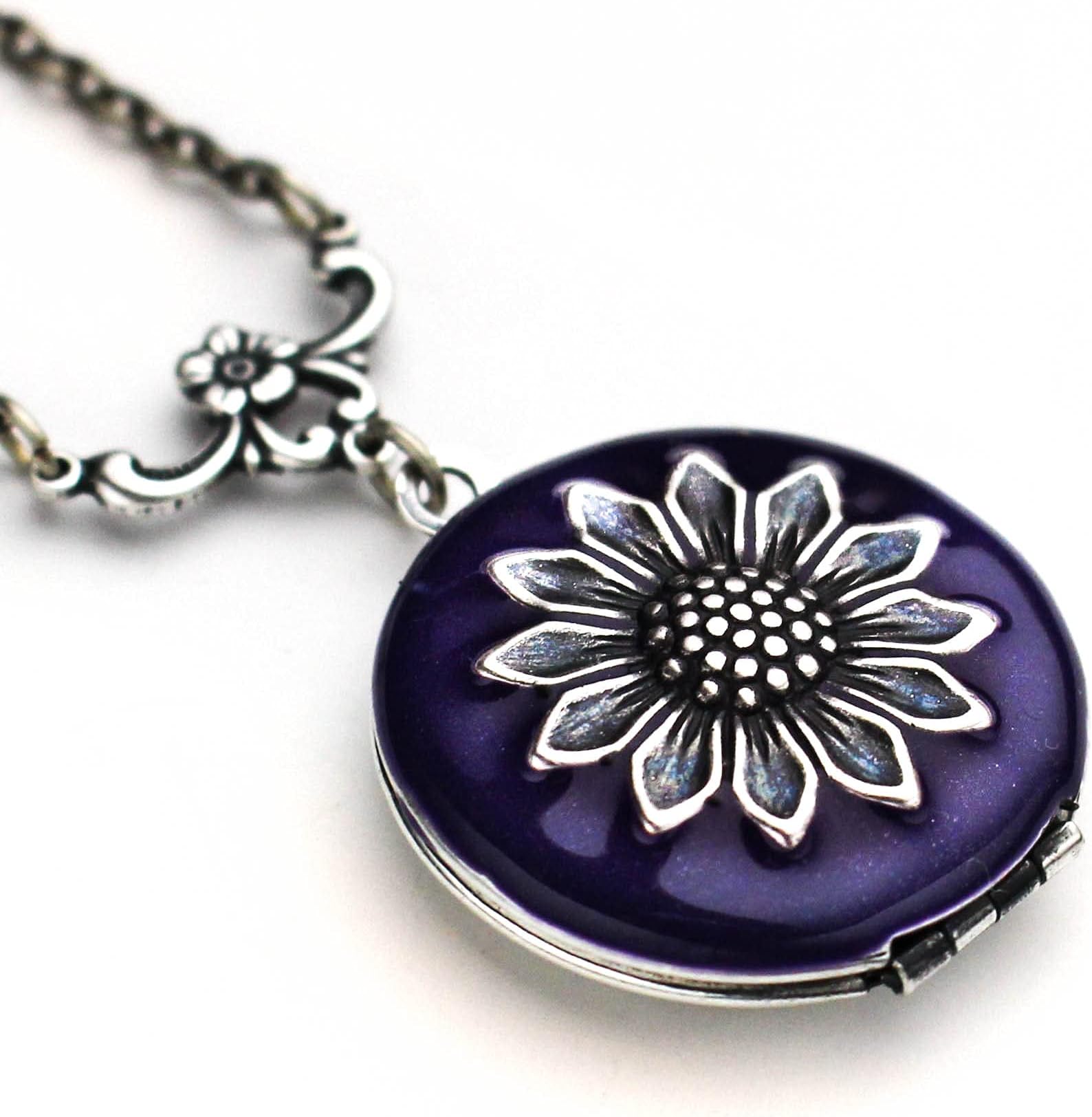 Sunflower Necklace, Violet Enamel 1 Inch Locket That Holds Pictures, Multiple Chain Lengths