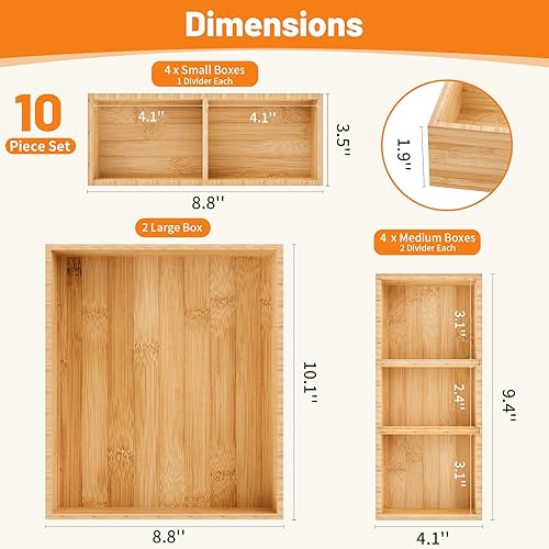 Miniatura 2 de SpaceWhisper Organizador de cajones de bambú, divisor de cajones de 10 piezas con separadores extraíbles para organización y almacenamiento, caja de