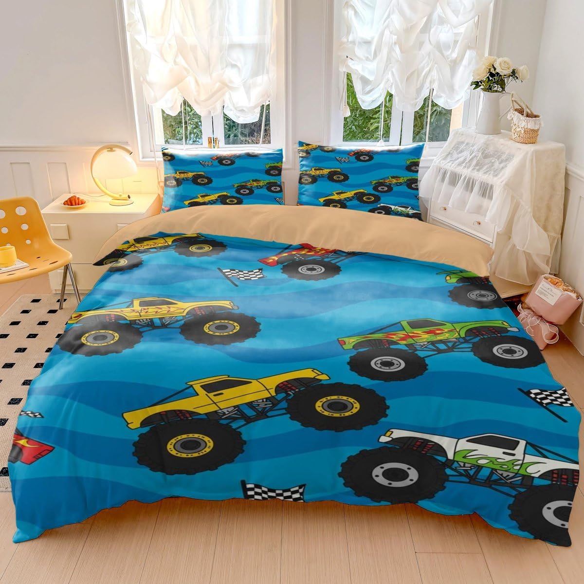 Kinder-Bettwäsche-Set mit Monster-Truck-Motiv, weiche Mikrofaser, Motiv: Monster-Truck, für Jungen-Schlafzimmer, Dekoration (Stil 4, Einzelbett 135 x 200 cm + 50 x 75 cm x 2)