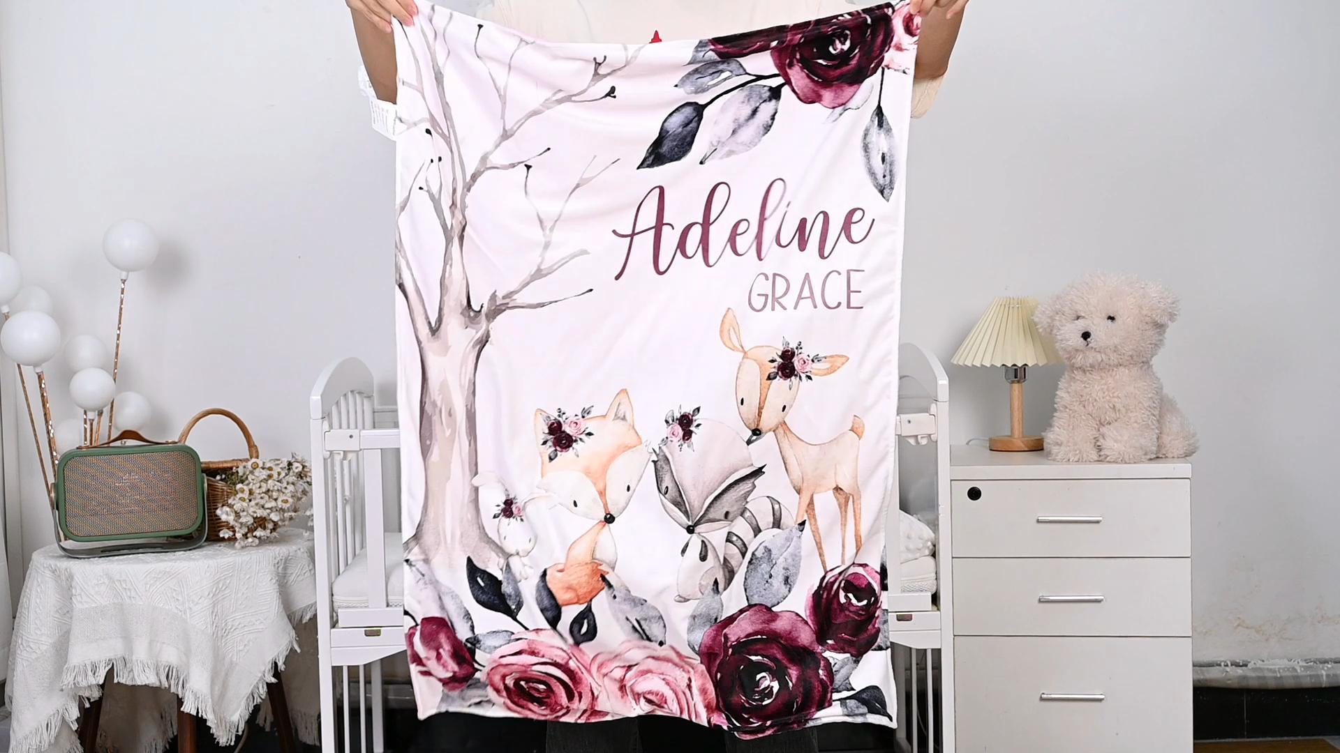 Personalized Baby Blanket With Name - Custom Flannel Swaddle Blanket 30x40 Inches Forest Theme