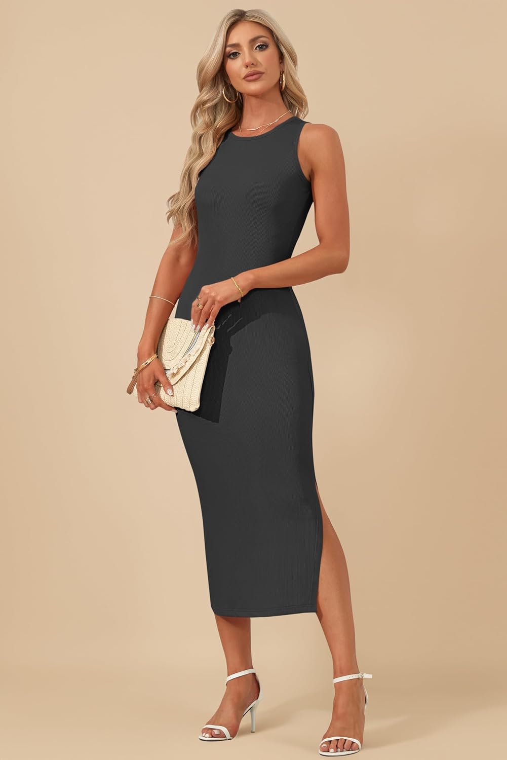 AUSELILY Womens Summer Bodycon Dresses 2026 Basic Casual Sleeveless Knit Tank Midi Dress - Image 4
