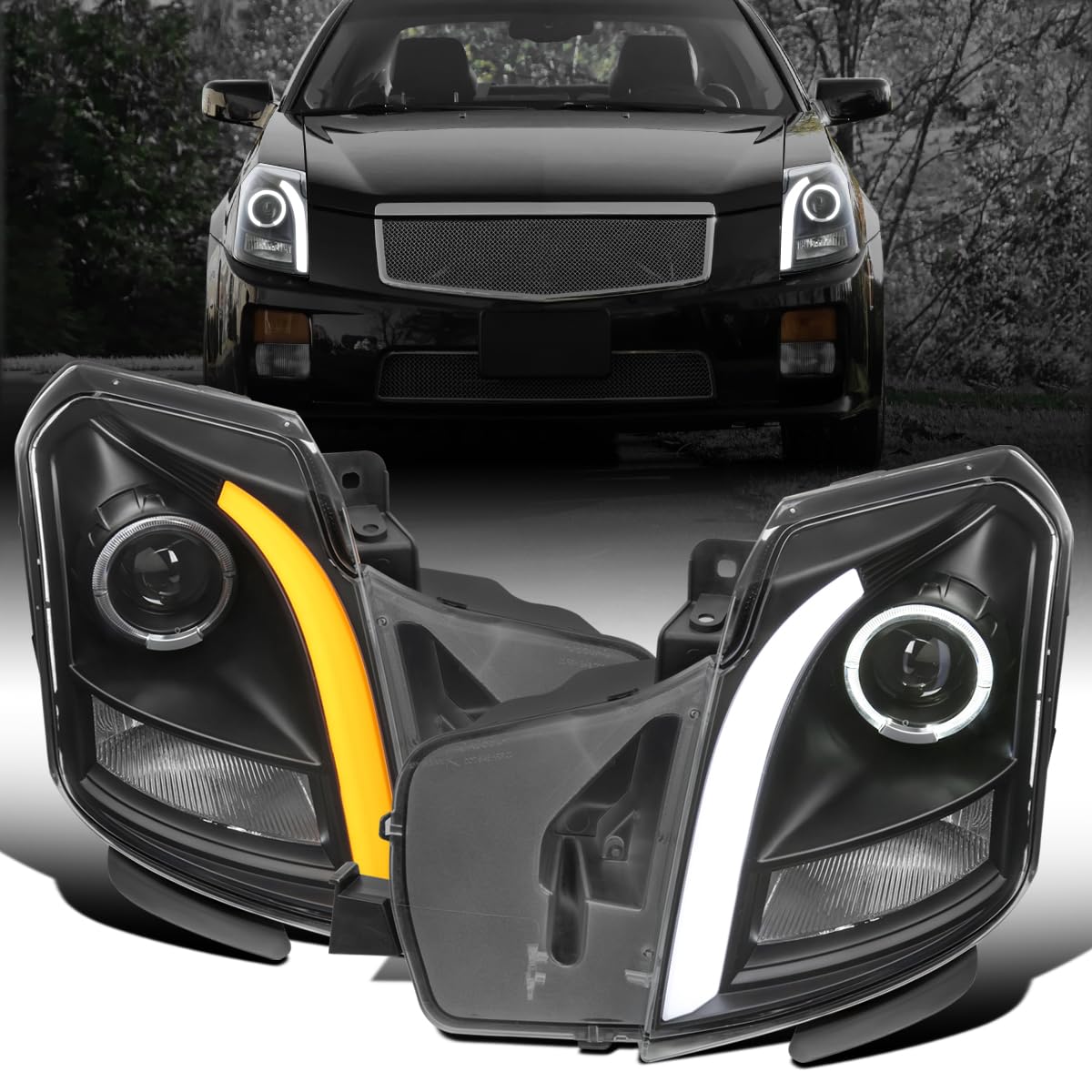 Ronnin - Fits 2003-2007 Cadillac CTS Upgraded Replacement LED Tube Switchback Sequential Turn Signal Halogen Projector Headlights Assembly Pair |