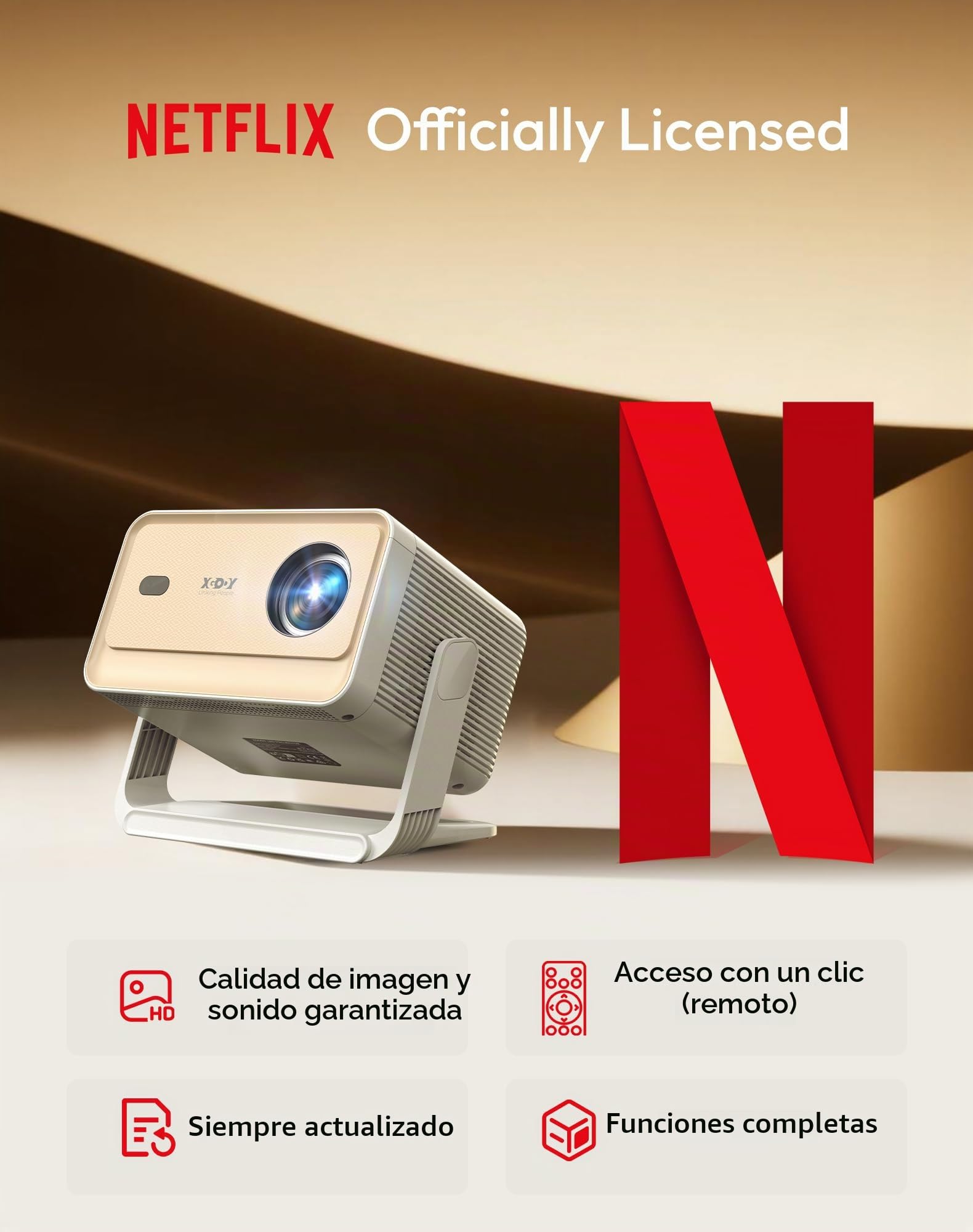 Proyector Xgody con certificación Netflix, resolución nativa 1080P, Compatible con 4K, 700 ANSI, Enfoque automático y Asistente de Voz. Proyector Inteligente N6PRO, WiFi 6, Bluetooth 5.4.