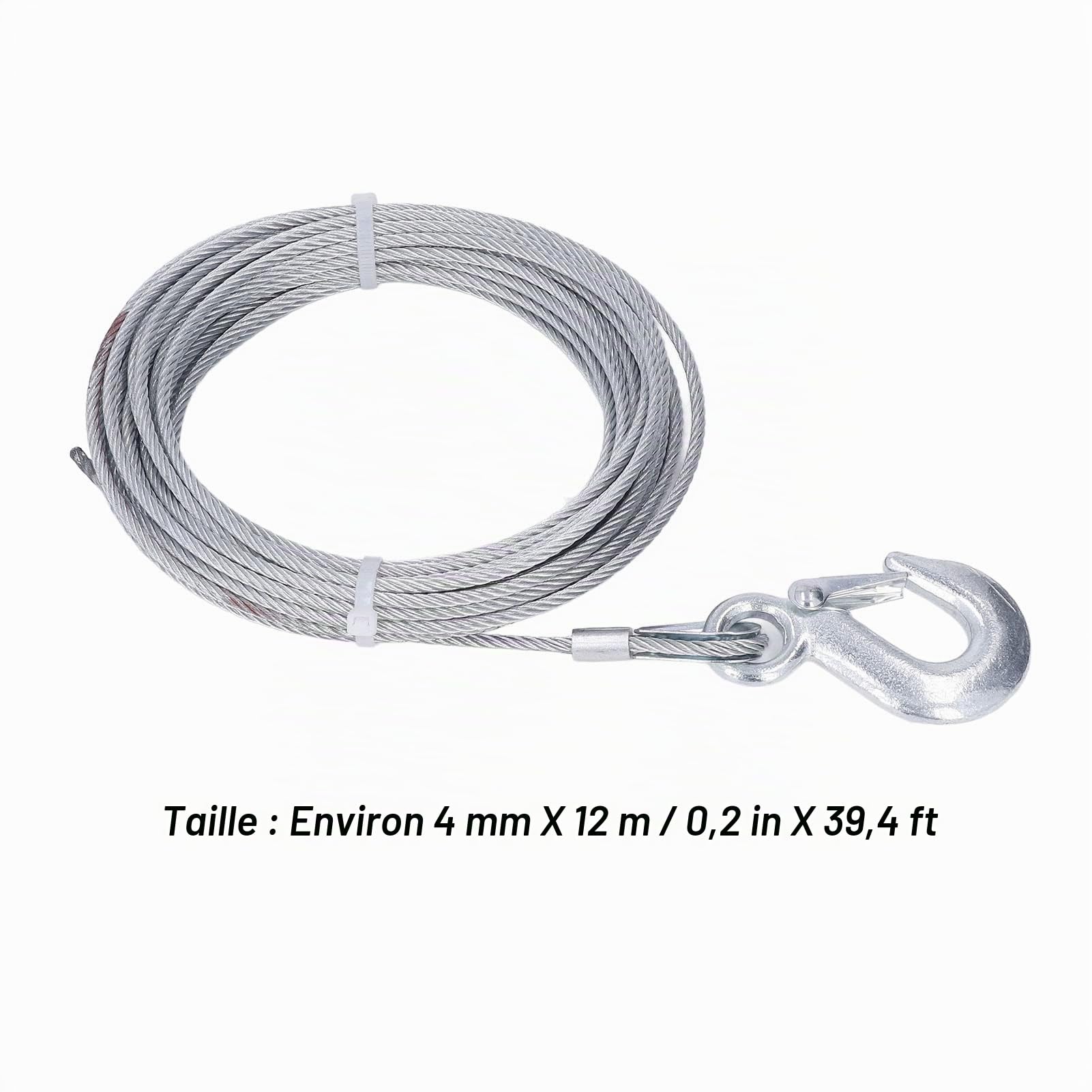 Ejoyous Corde pour treuil avec crochet en acier inoxydable - Câble de rechange pour remorque - Pour camion, ATV, UTV, 4 mm de diamètre, 12 m de long, capacité de charge de 900 kg
