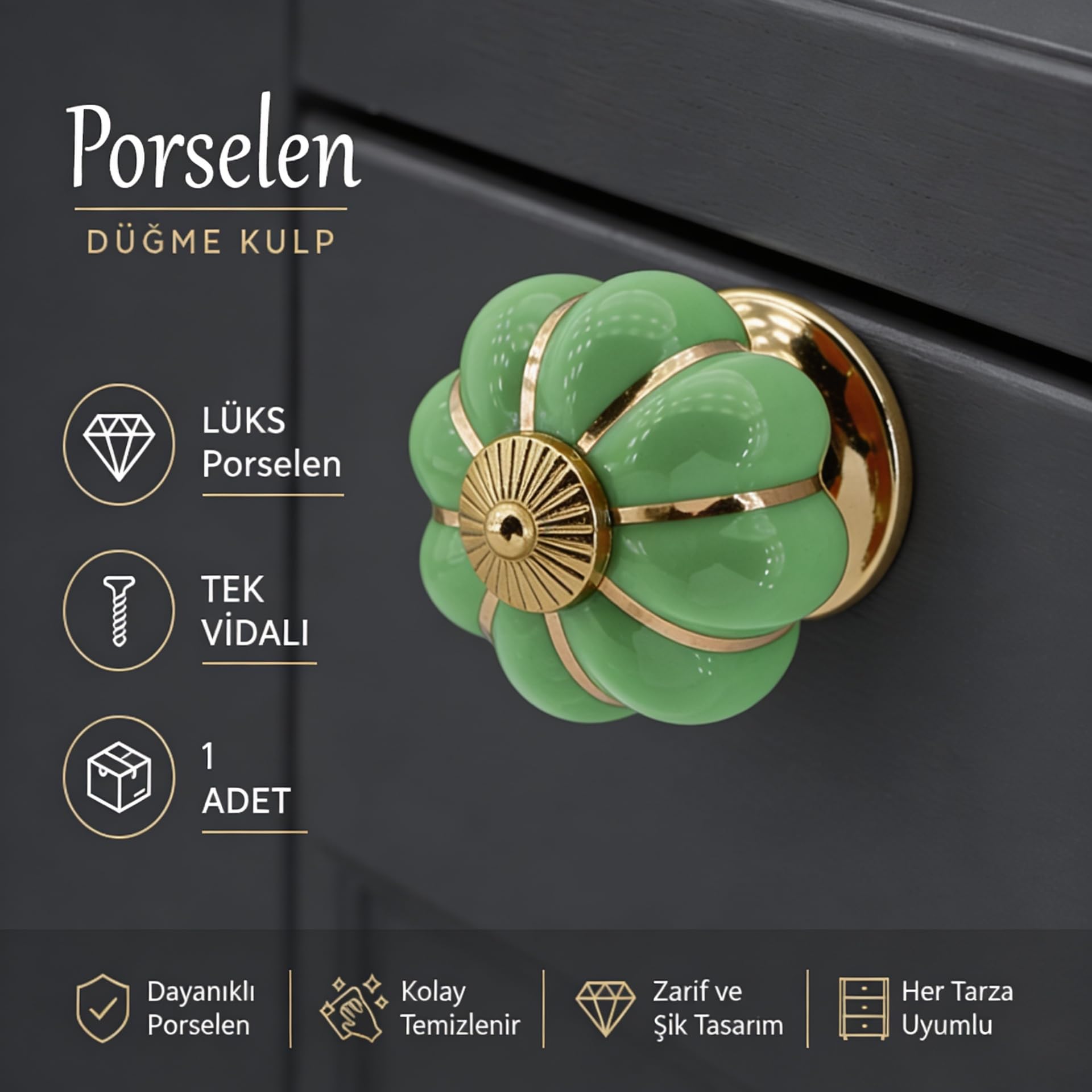 Pistak (1 Adet) Yeşil Porselen Gold Metal Renk Düğme Kulp Mobilya Çekmece Dolap Kulpu Kulbu Kulpları