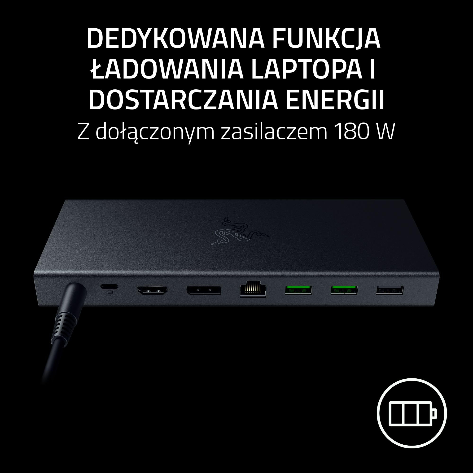 Razer USB 4 Dock - 14-portowa stacja dokująca High-Speed do gier i produktywności - obsługa dwóch wyświetlaczy, ładowanie urządzeń (3x USB-C, 5x USB-A, HDMI, DisplayPort) Czarny