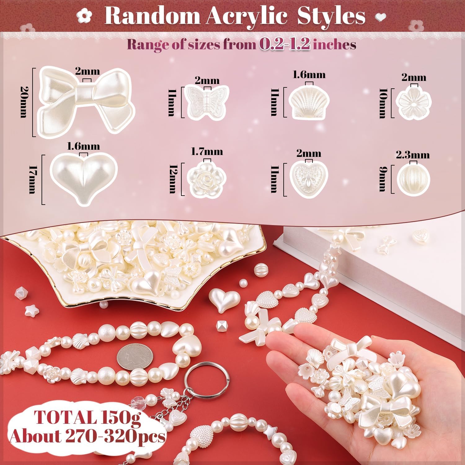 270-320PCS TINKRSTUFF Assorted Mix ABS Imitation Pearl Beads for Bracelet Making, Cute Bead for Jewelry Making Bow Butterfly Heart Kawaii Aesthetic Acrylic Beads,DIY Necklace Keychain Phone Charms - Image 2
