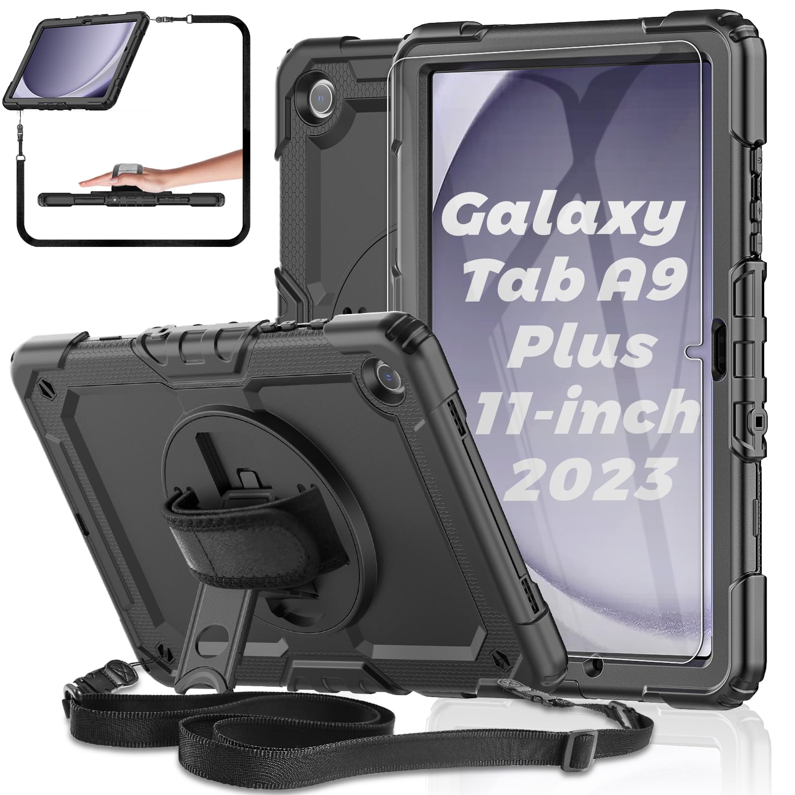 Case for Samsung Galaxy Tab A9 Plus Tablet Case 11 inch 2023 [with Tempered Glass Screen Protector],Rotatable Kickstand,S Pen Holder,Hand/Shoulder Strap (Black)