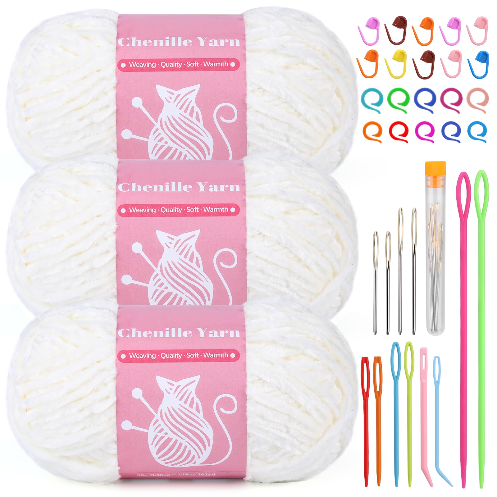 LUNARM Chenille Yarn for Crochet Knitting Chunky Blanket Velvet Yarn | 3 Pack 3.5oz/100g 486 Yard Milky White Chenille Yarn for Beginners Knitting Scarves with Big Eye Needles Machine Washable
