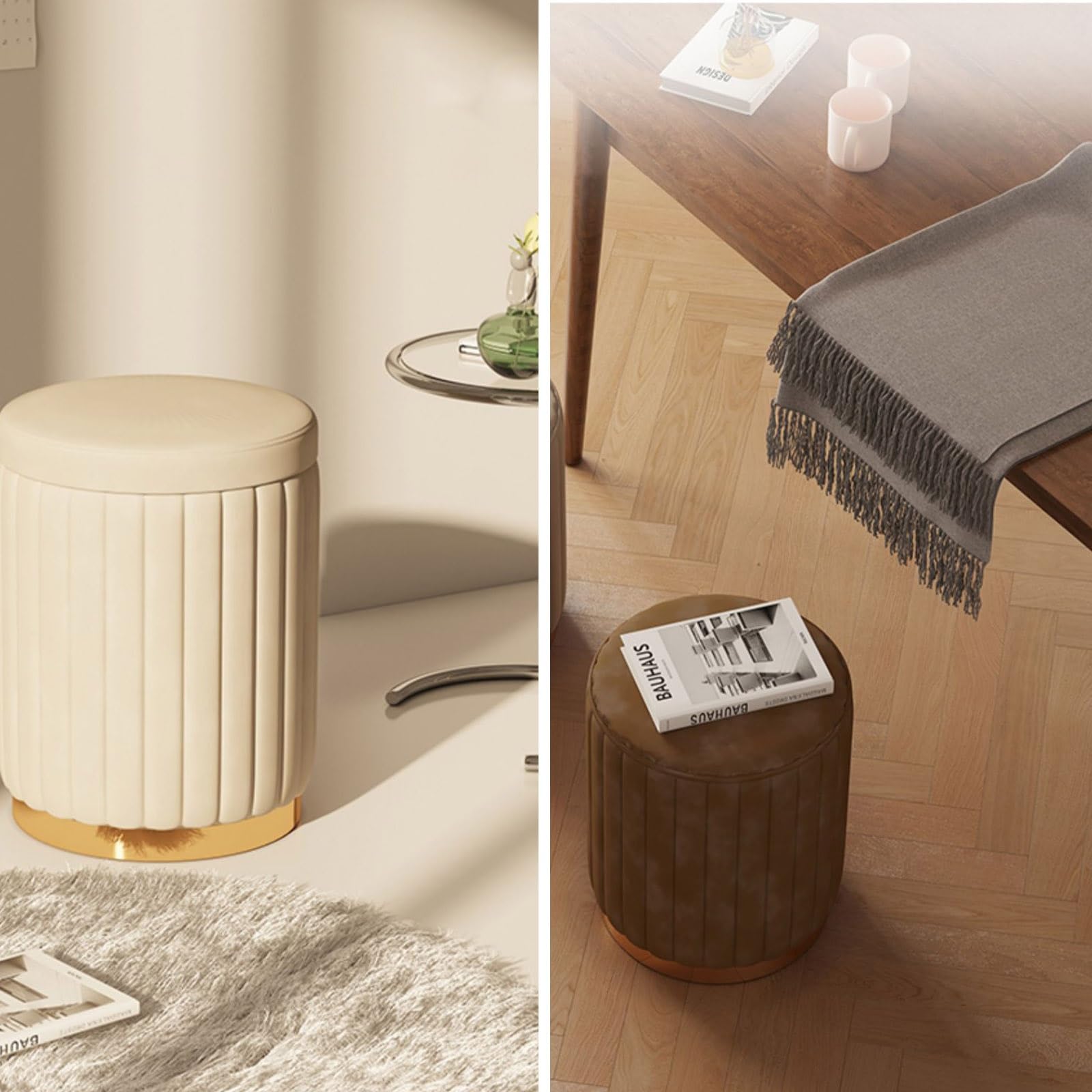 Pouf Contenitore Rotondo con Seduta Imbottita e Coperchio, Sgabello Morbido in Lino Verde per Camera da Letto e Soggiorno, 34x45 cm