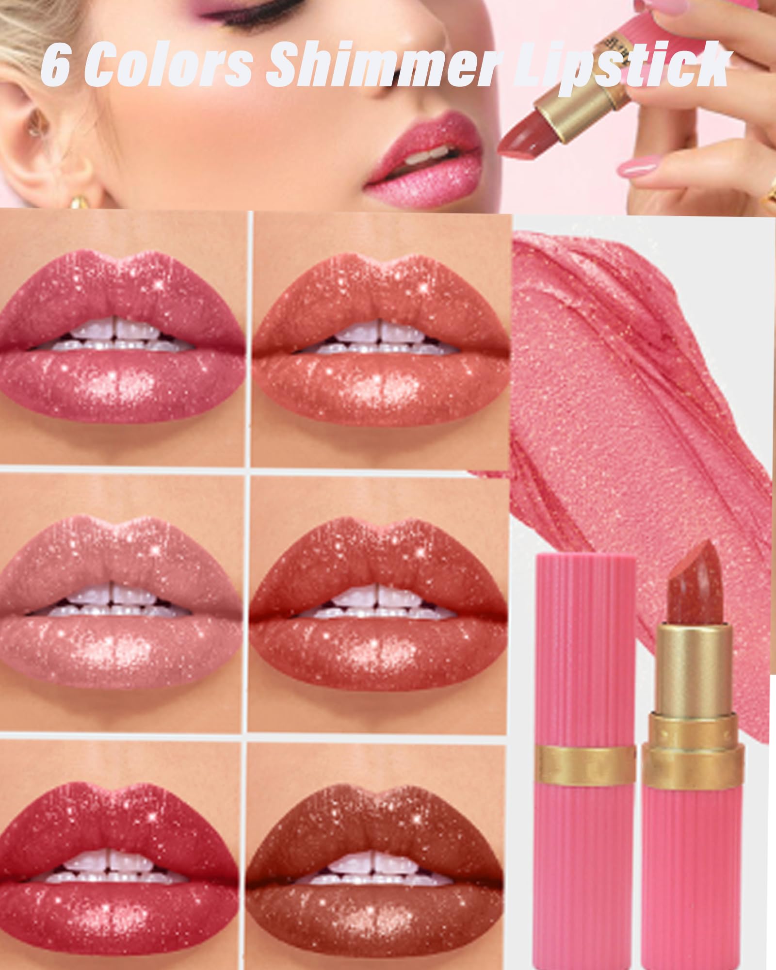 Set mit 6 Lippenstiften mit glänzendem Glitter in Nude, Rosa, Braun, Dunkelrosa und Rot. Glänzender Metallic-Lipgloss, wasserfest und langanhaltend. Ein perfektes Geschenk für Lu