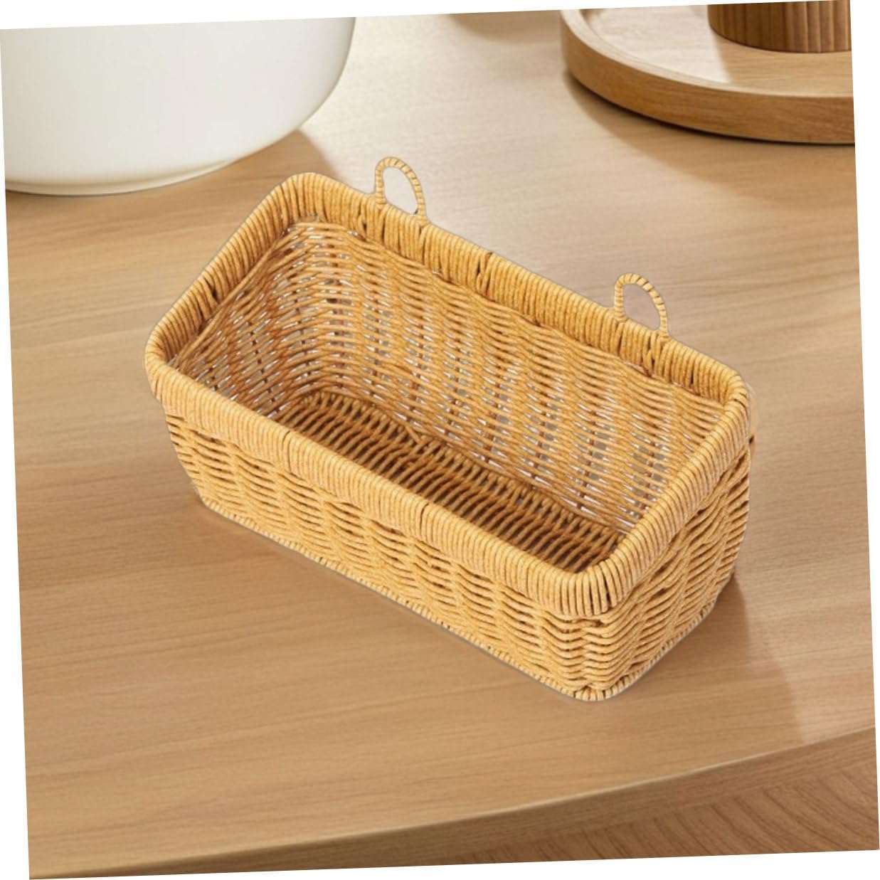 Unomor 2pcs Kitchen Hanging Basket Set, Large and Small Hand-woven Plastic Rattan Storage Bins for Ginger, Garlic, Onion, Wall Mounted Fruit and Vegetable Organizer
