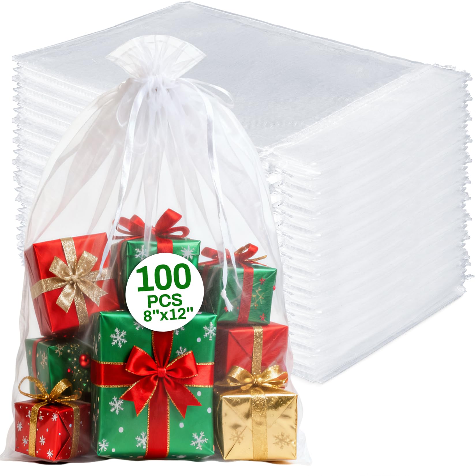 Sukh White Organza Bags 8"x12" - 100pcs Large Sheer Mesh Drawstring Bag for Jewelry, Soap, Fruits, Candy, Small Gift Bag for Weddings, Valentine's Day, Mother's Day, Halloween, Thanksgiving, Christmas