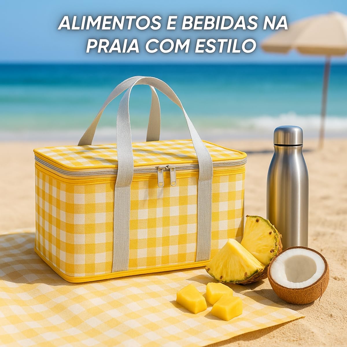 Cesta de Piquenique Térmica com Alça Bolsa Cooler Dobrável Isolamento Térmico Ideal para Picnic Passeios Camping Praia Mantém Frio e Quente com Zíper Duplo Grande Capacidade (Xadrez Amarelo) Cesta de Piquenique Térmica com Alça Bolsa Cooler Dobrável Isolamento Térmico Ideal para Picnic Passeios Camping Praia Mantém Frio e Quente com Zíper Duplo Grande Capacidade (Xadrez Amarelo)