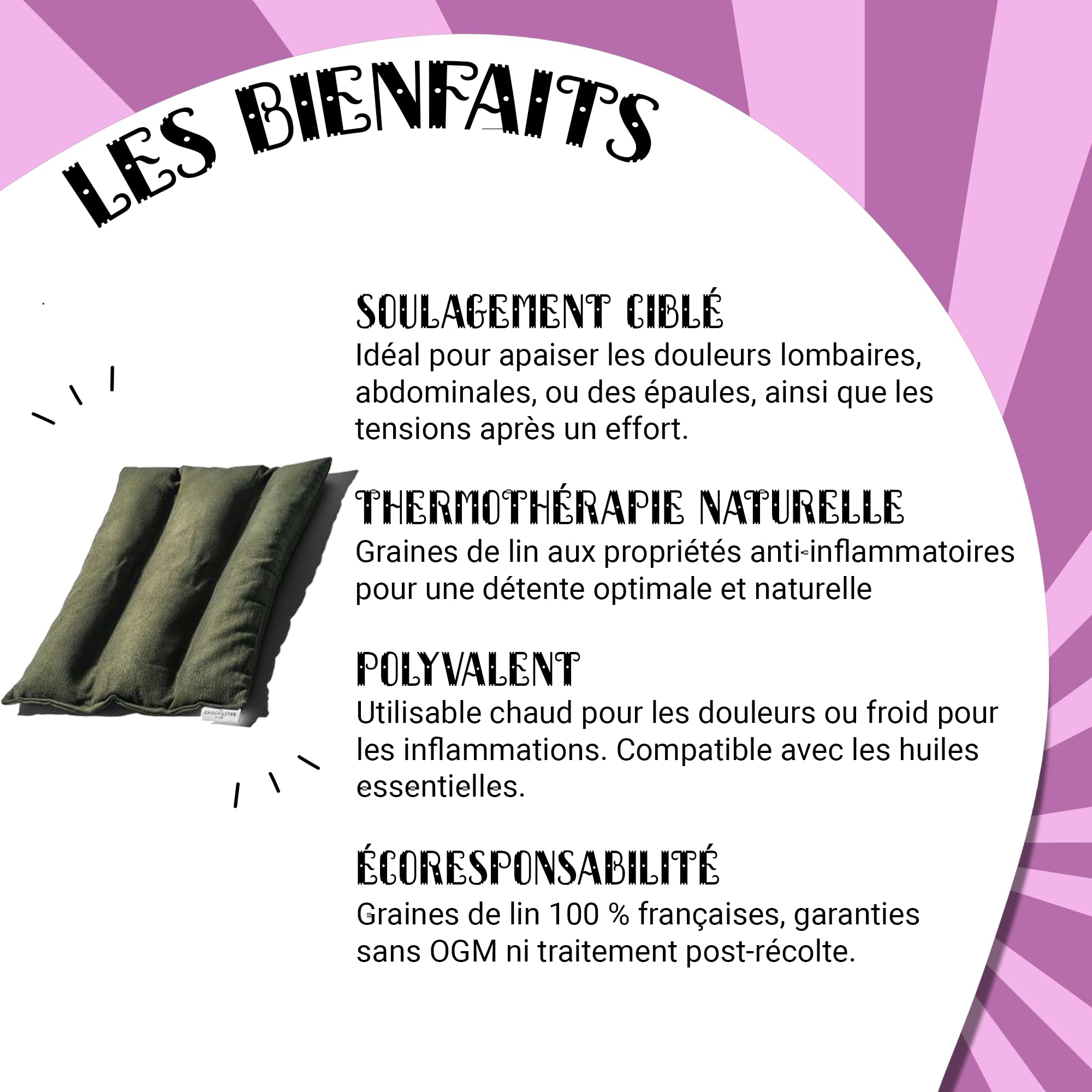Coussin Emplâtre Chauffant La Lombaire en graines de lin - Bouillotte velours pour micro-ondes - Compresse chaud/froid - Soulage douleurs, lumbago, dos, épaules, règle - Fabriqué en France - 38x28 cm