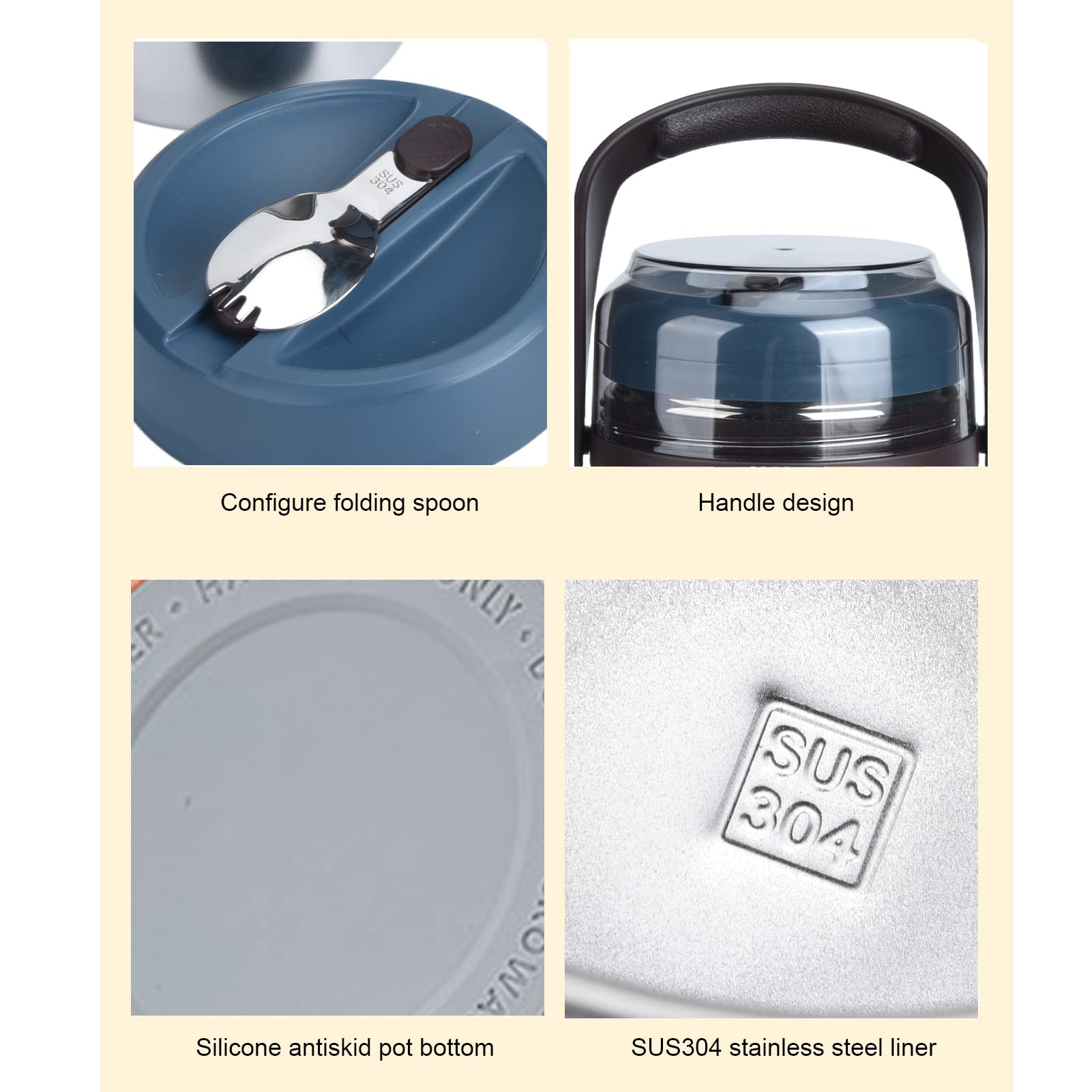 Tarro de Comida Aislado, Contenedor de Alimentos Aislado de Acero Inoxidable 304, Térmica Apilable a Prueba de Fugas de 2 Litros con Cuchara, Caliente para Niños Pequeños Comida Escolar (BLUE)