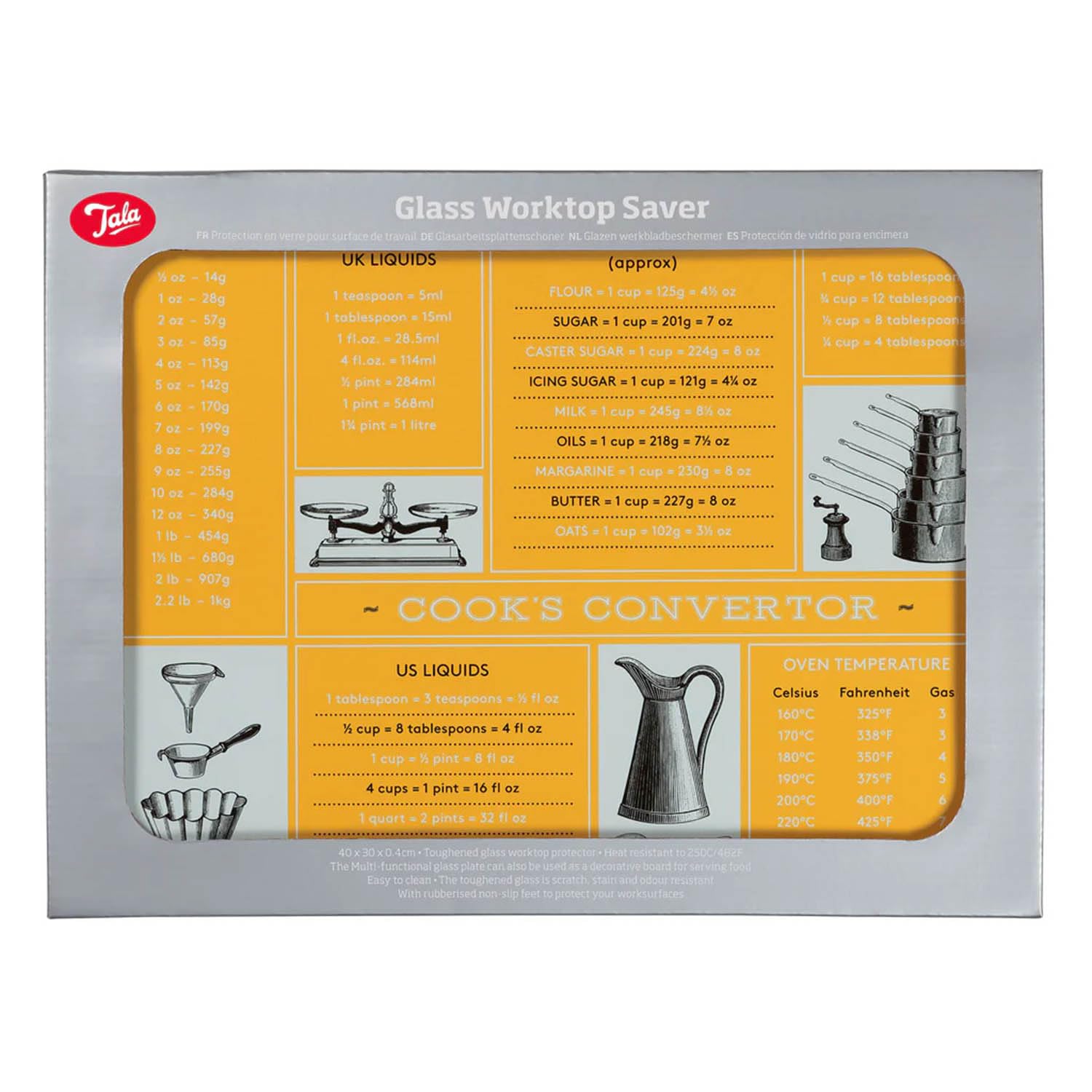 TalaConversion Design Toughened Glass Chopping Board and Work Top Saver, Non-Slip Multi-Functional Tool for Protecting Work Surfaces While preparing Foods, Measures 30cm x 40cm, Yellow