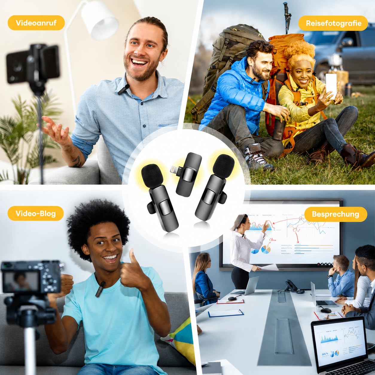 Kabelloses Lavalier Mikrofon für iPhone, Android & Handy – Mini mikrofon mit USB-C & Lightning, 10h Akkulaufzeit, 2,4 GHz Wireless Microphone für Vlog, Video, Interview & Podcast (Schwarz)