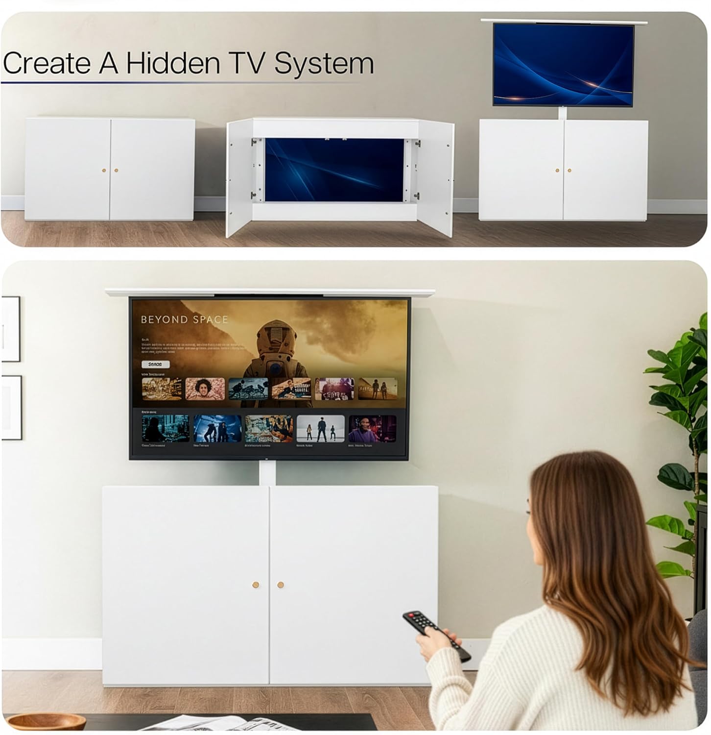 VIVO White TV Cabinet with Motorized Vertical Lift Television Stand, Holds 32 to 55 inch TVs up to 44 lbs, CASE-KIT-EUP1W