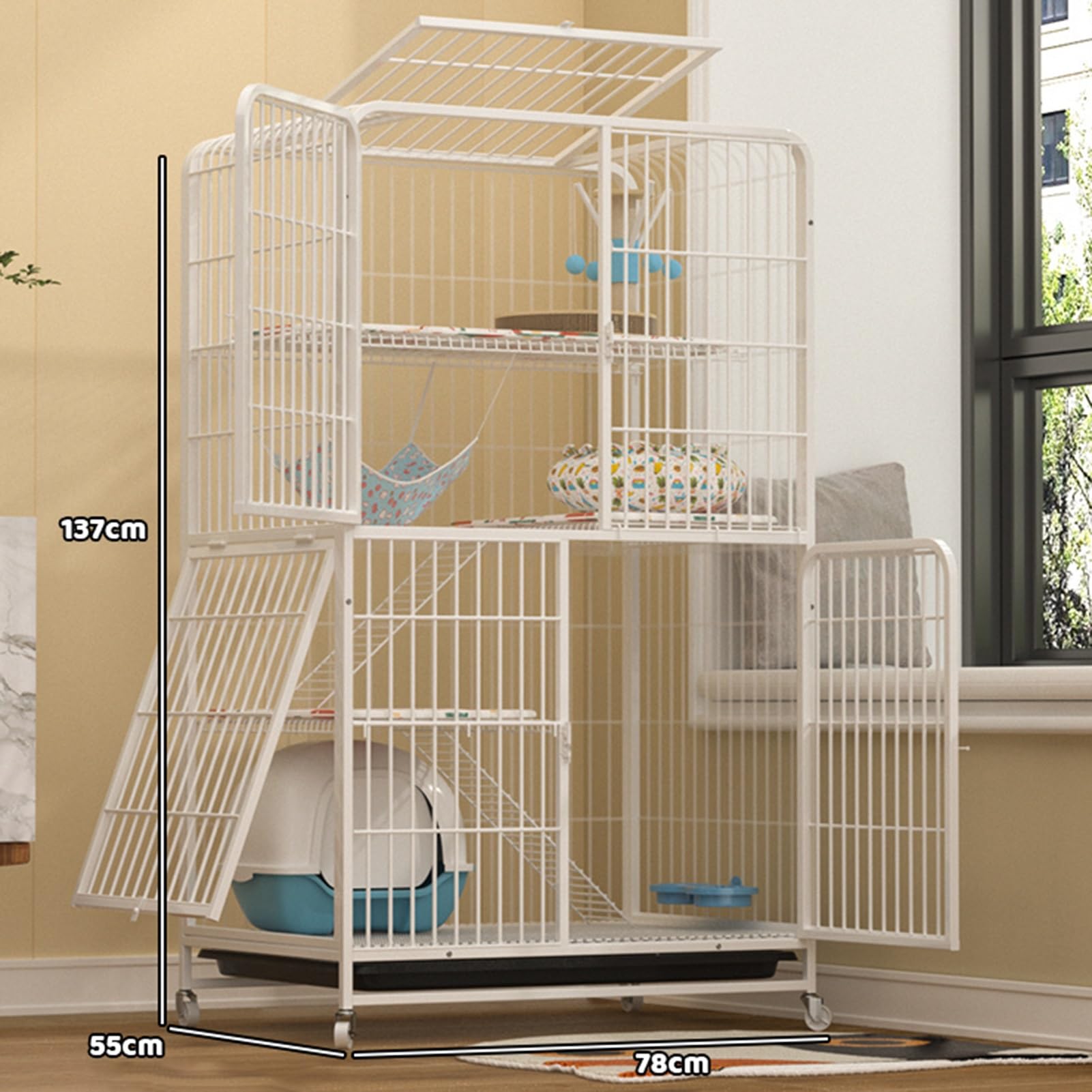 HARELA Jaula para Gatos Exterior/Interior, Parque de Metal para Gatos, Jaula para Mascota de 4 Niveles, Recinto para Gatos sobre Ruedas y Bandeja extraíble, FáCil de Montar