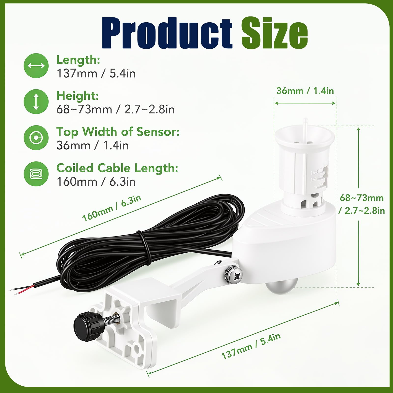 Sensore di pioggia cablato per sistema di irrigazione Cavo di collegamento da 7,6 m Soglia di pioggia regolabile 5-20 mm Design resistente alle intemperie Spegnimento automatico